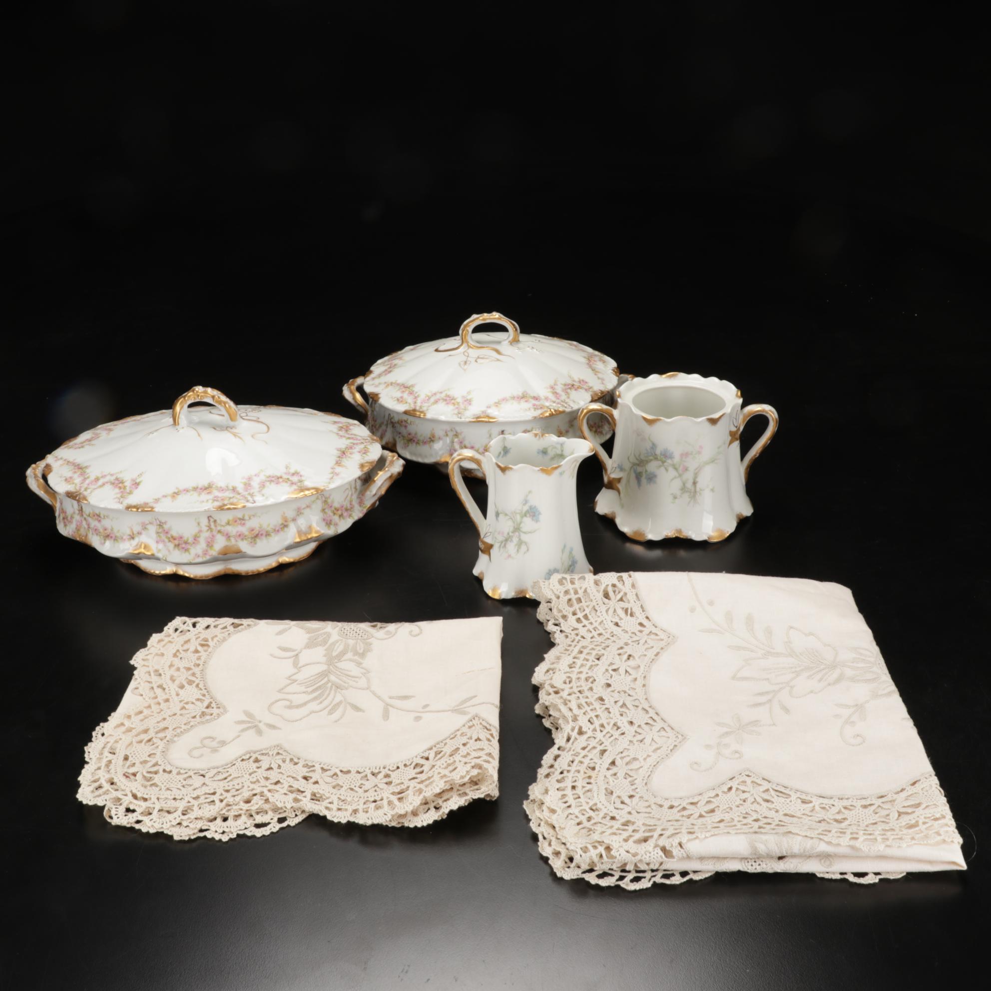 Theodore Haviland Limoges Serveware with Table Linens, Antique