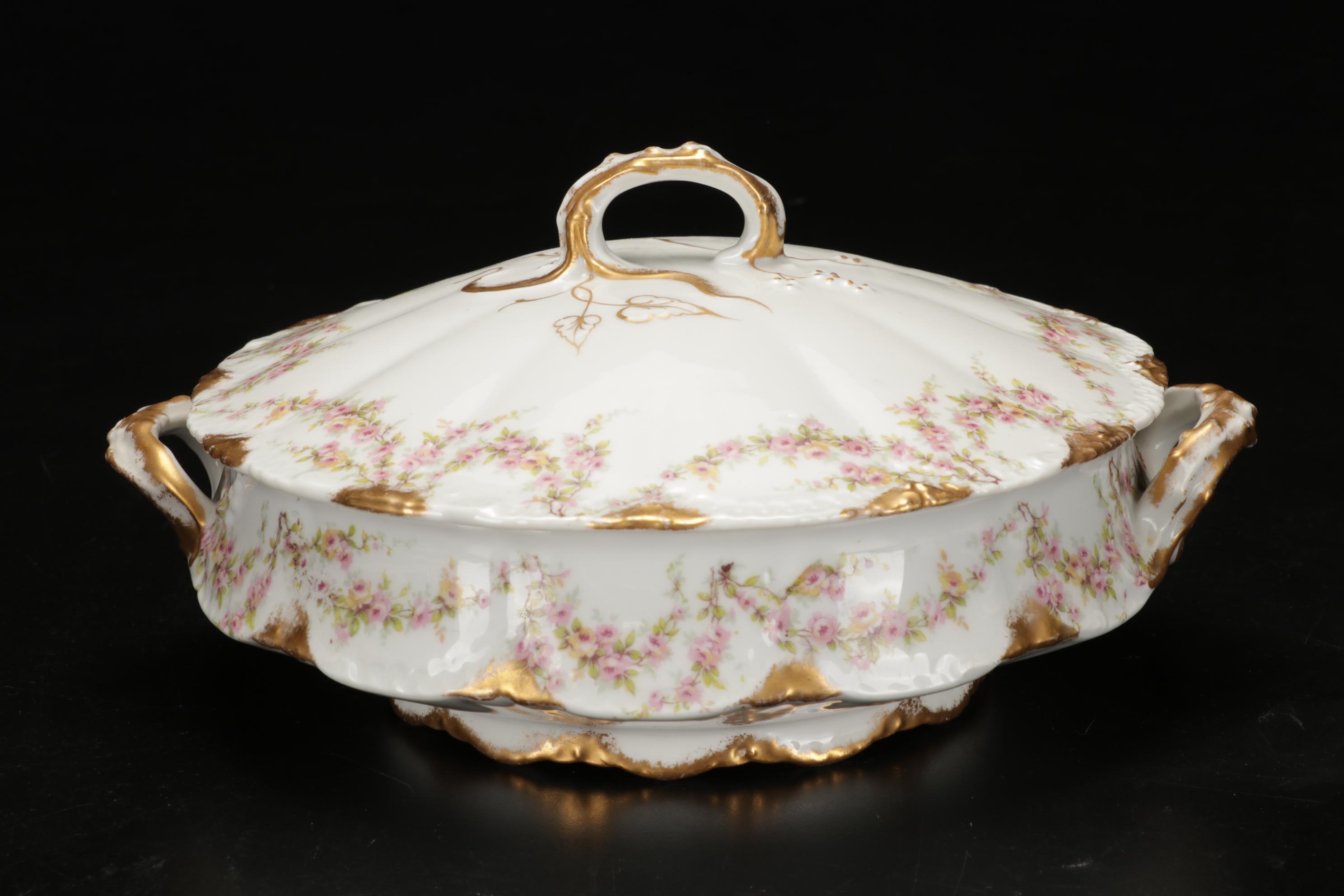 Theodore Haviland Limoges Serveware with Table Linens, Antique