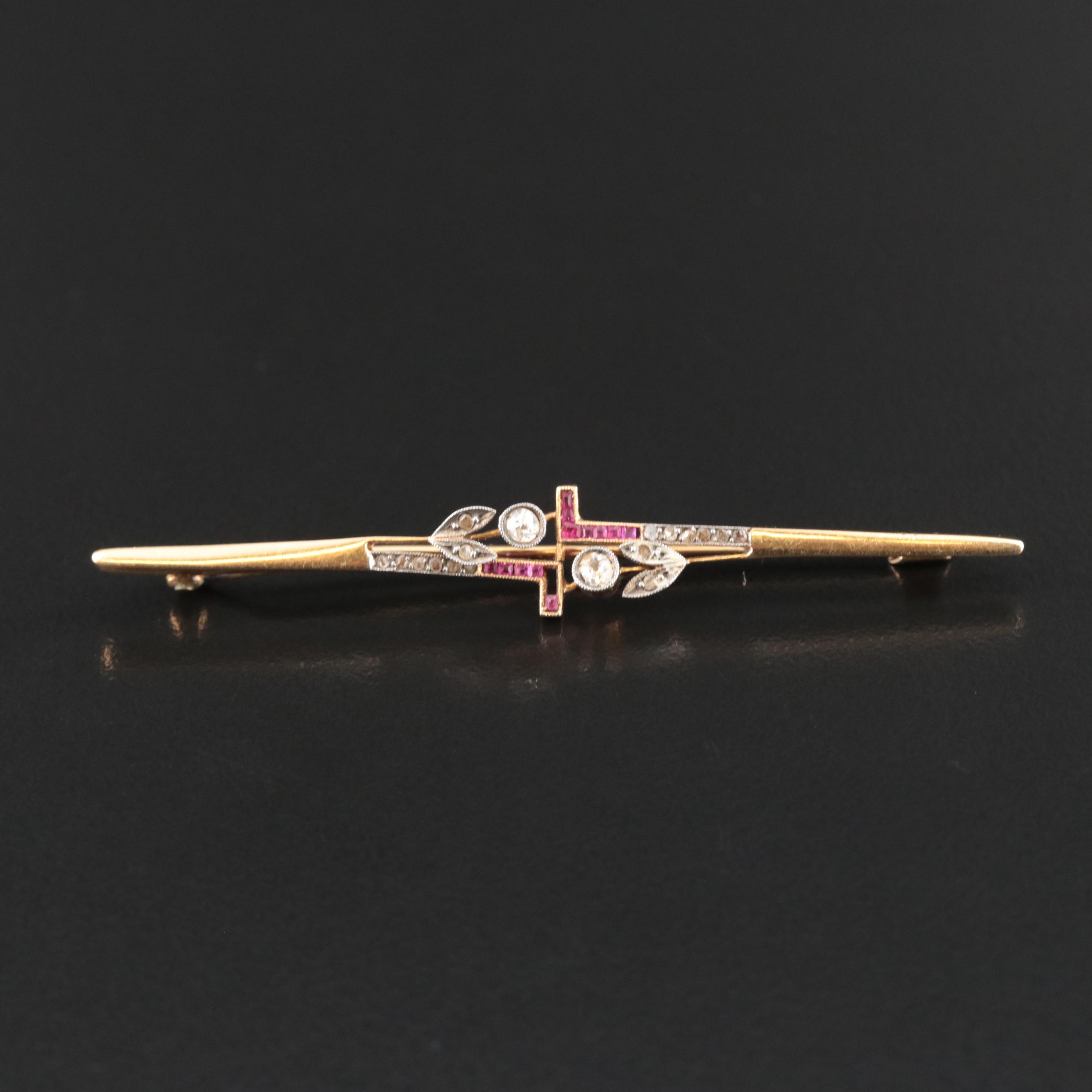 Antique 18K Diamond and Ruby Bar Pin with Sterling Accents