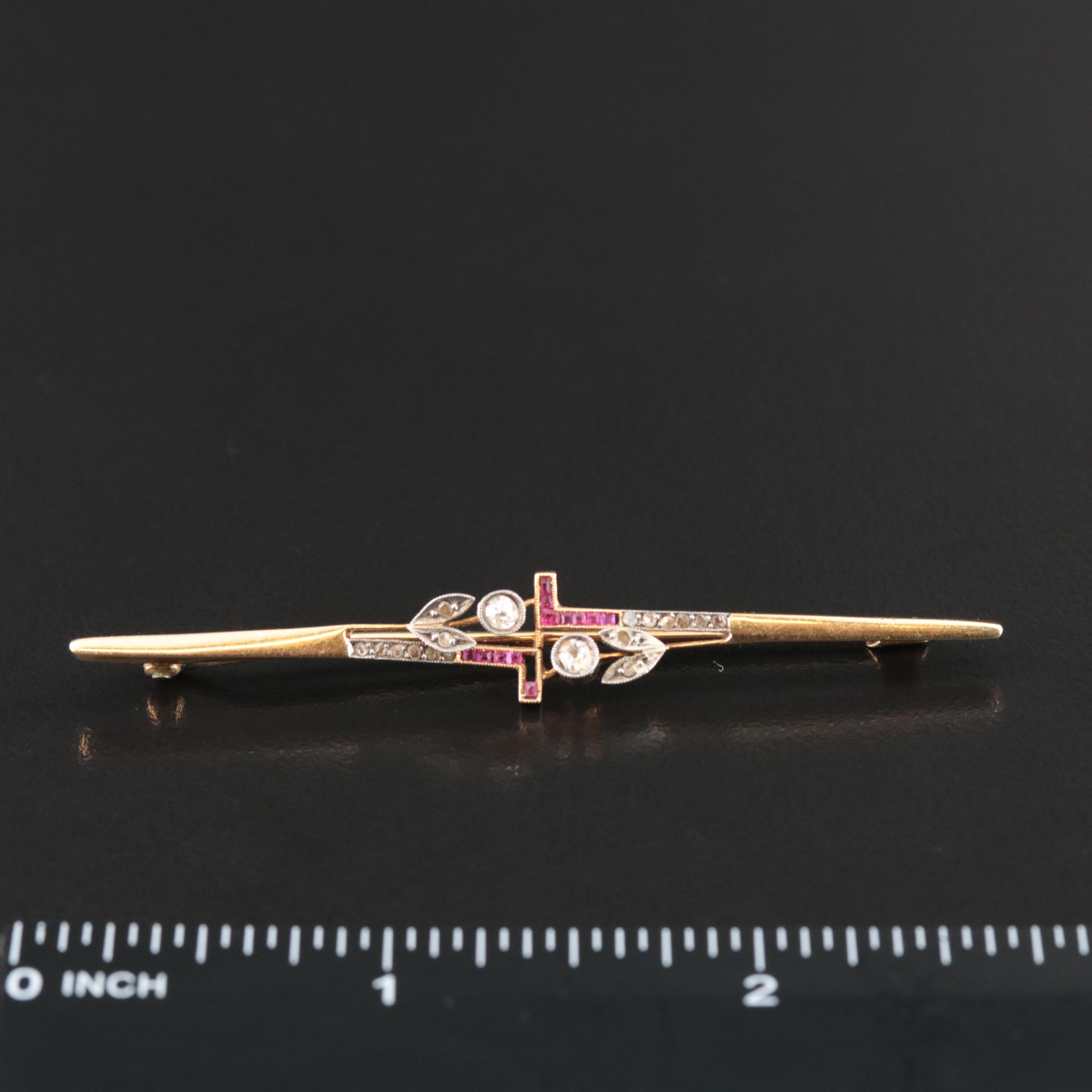 Antique 18K Diamond and Ruby Bar Pin with Sterling Accents