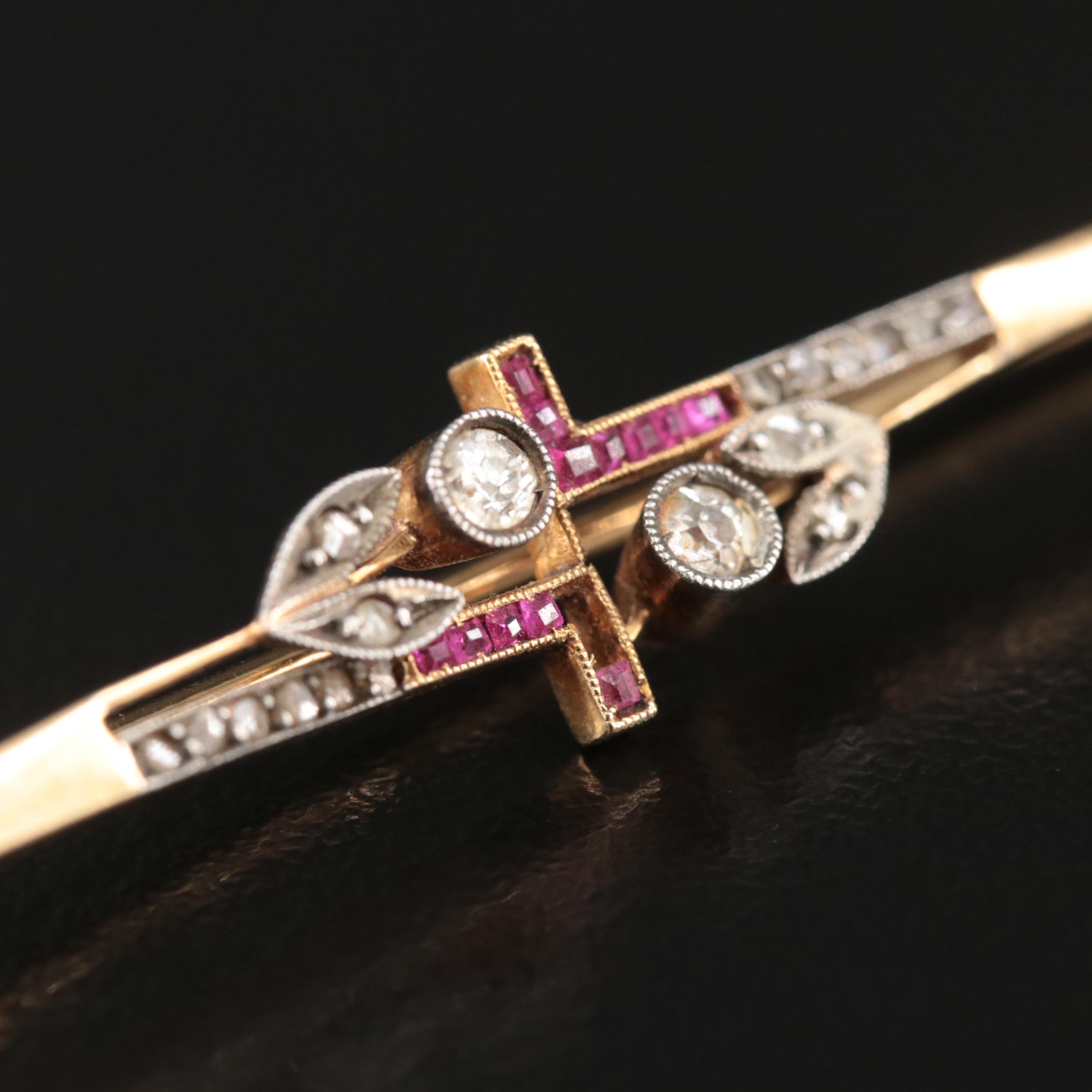 Antique 18K Diamond and Ruby Bar Pin with Sterling Accents
