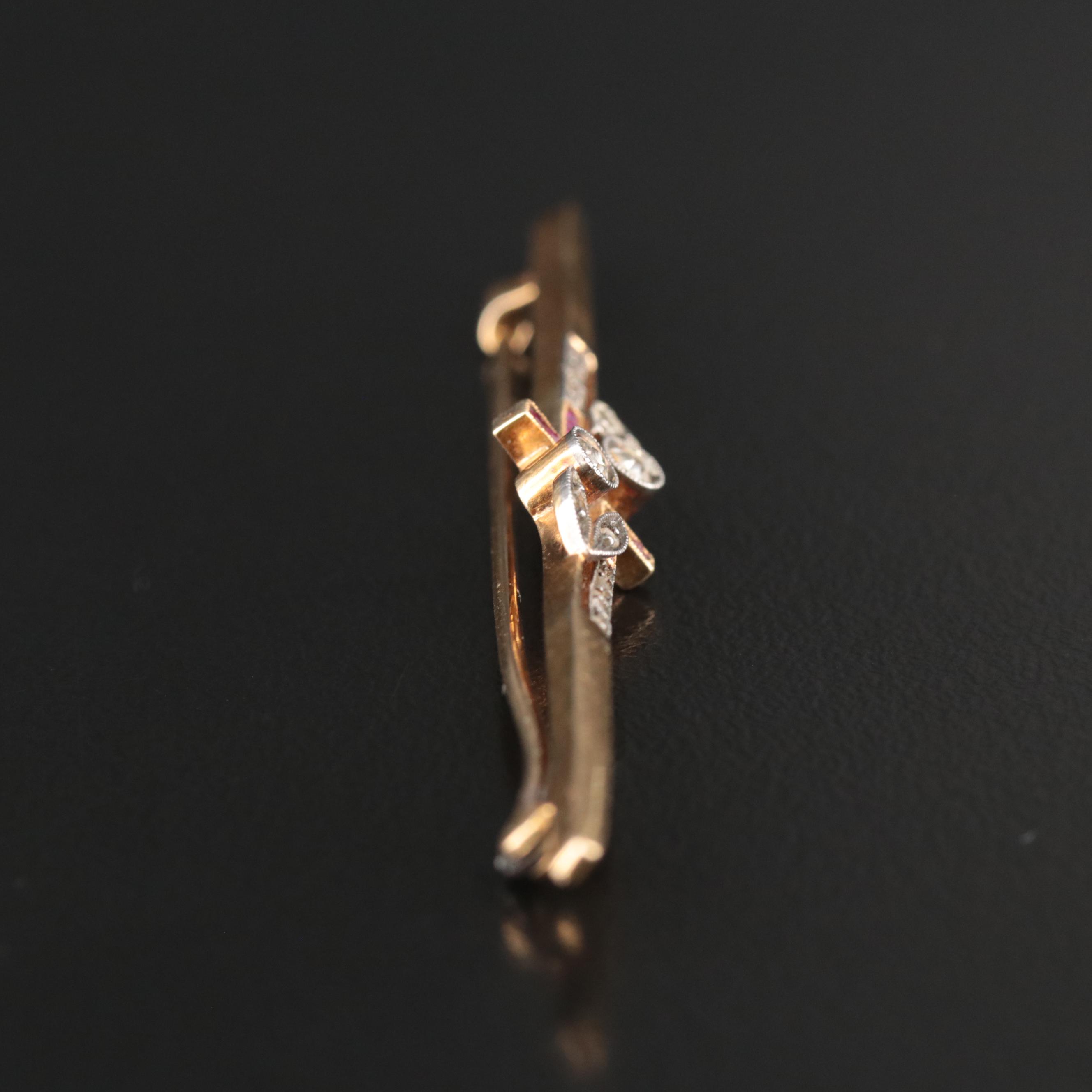 Antique 18K Diamond and Ruby Bar Pin with Sterling Accents