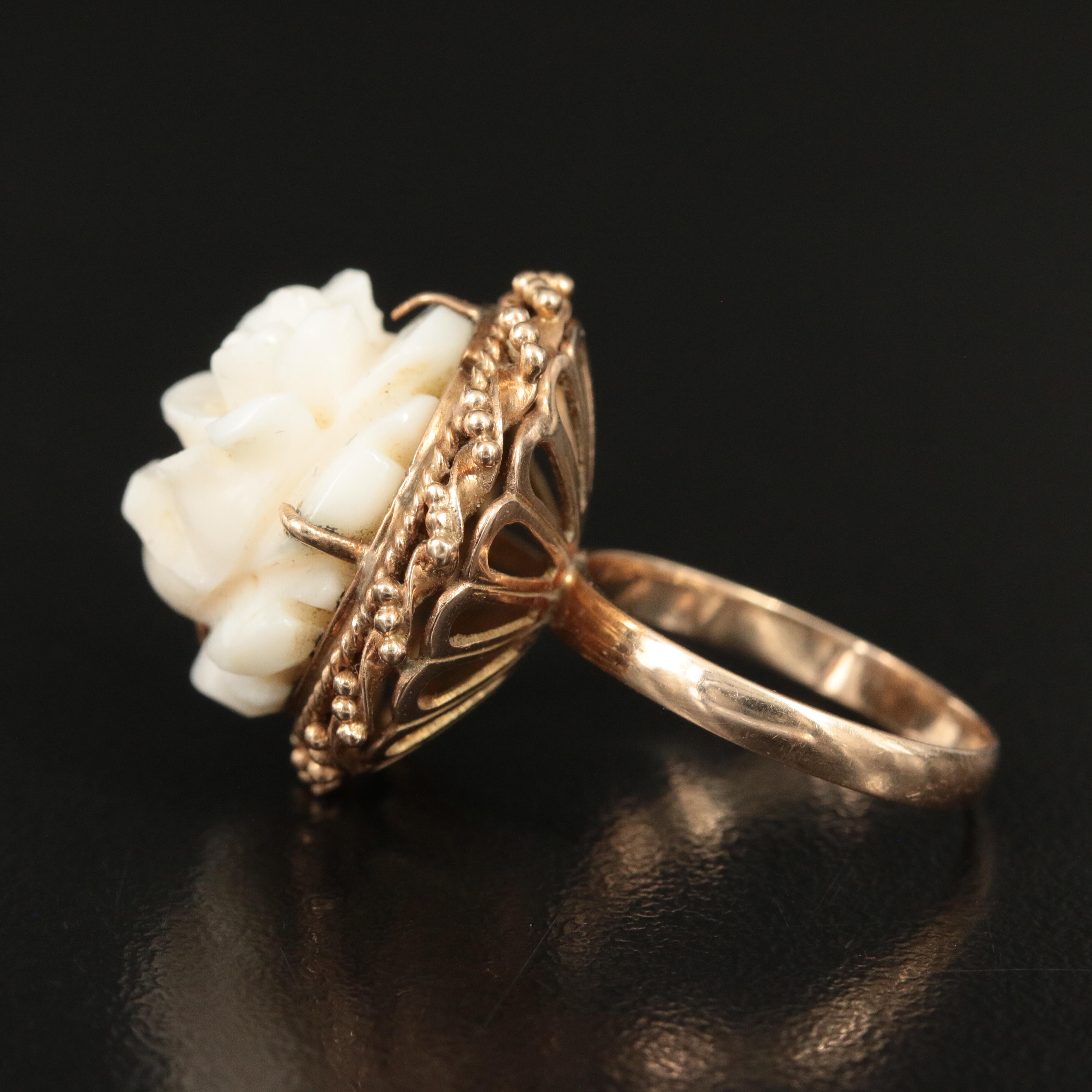 14K Coral Carved Flower Ring