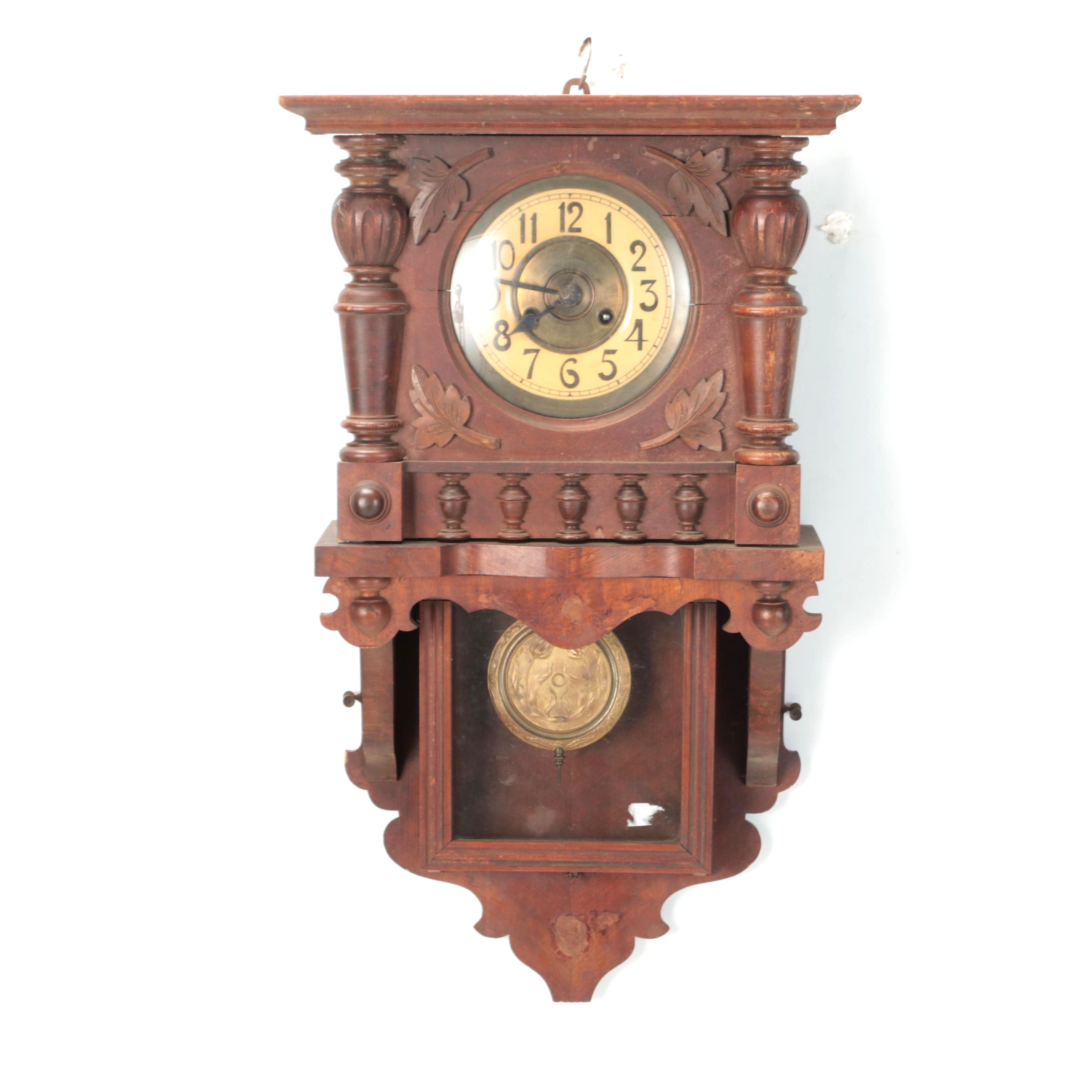 German Wooden Wall Clock, Early 20th Century
