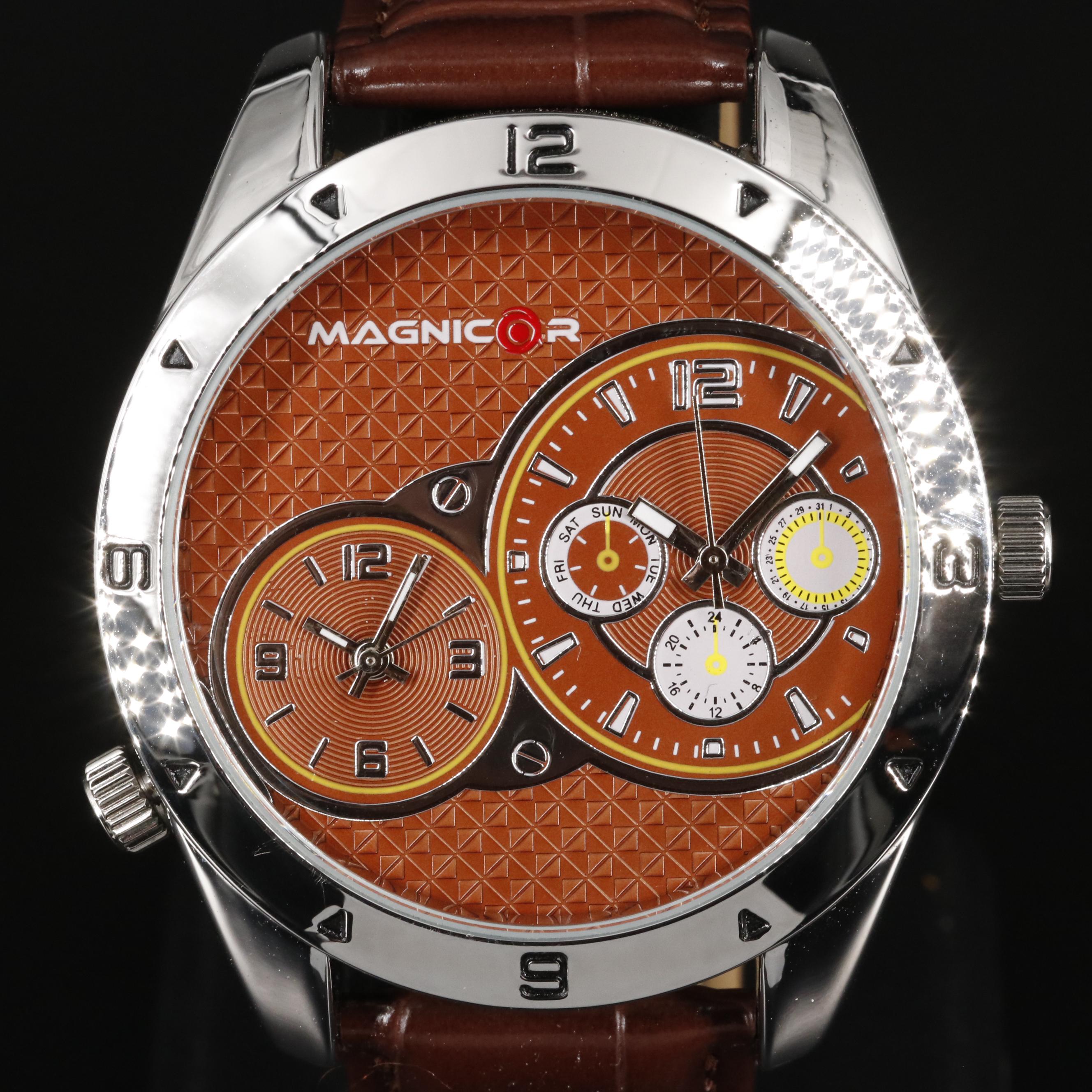 Magnicor Dual Time Zone Watch with Brown Leather Strap
