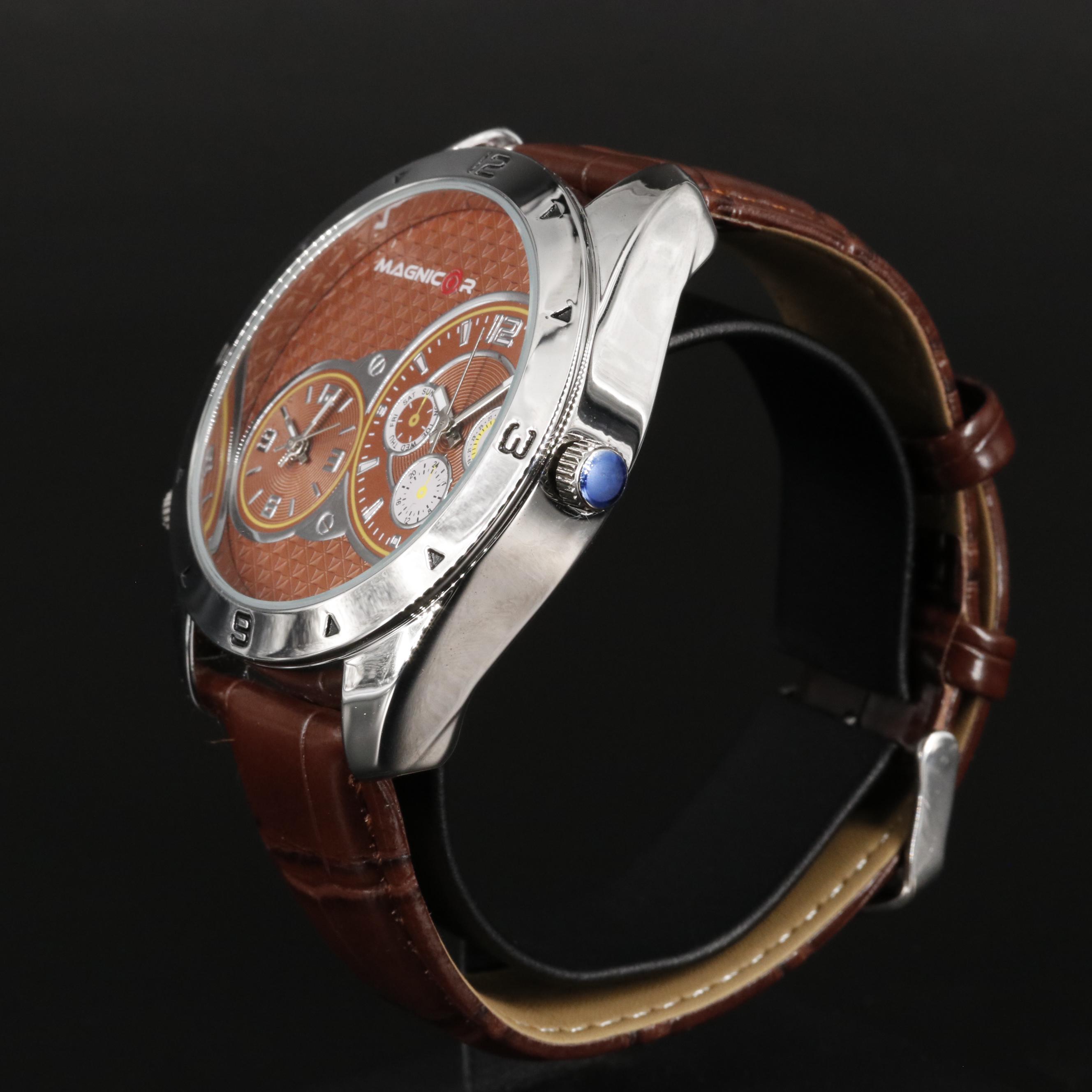 Magnicor Dual Time Zone Watch with Brown Leather Strap