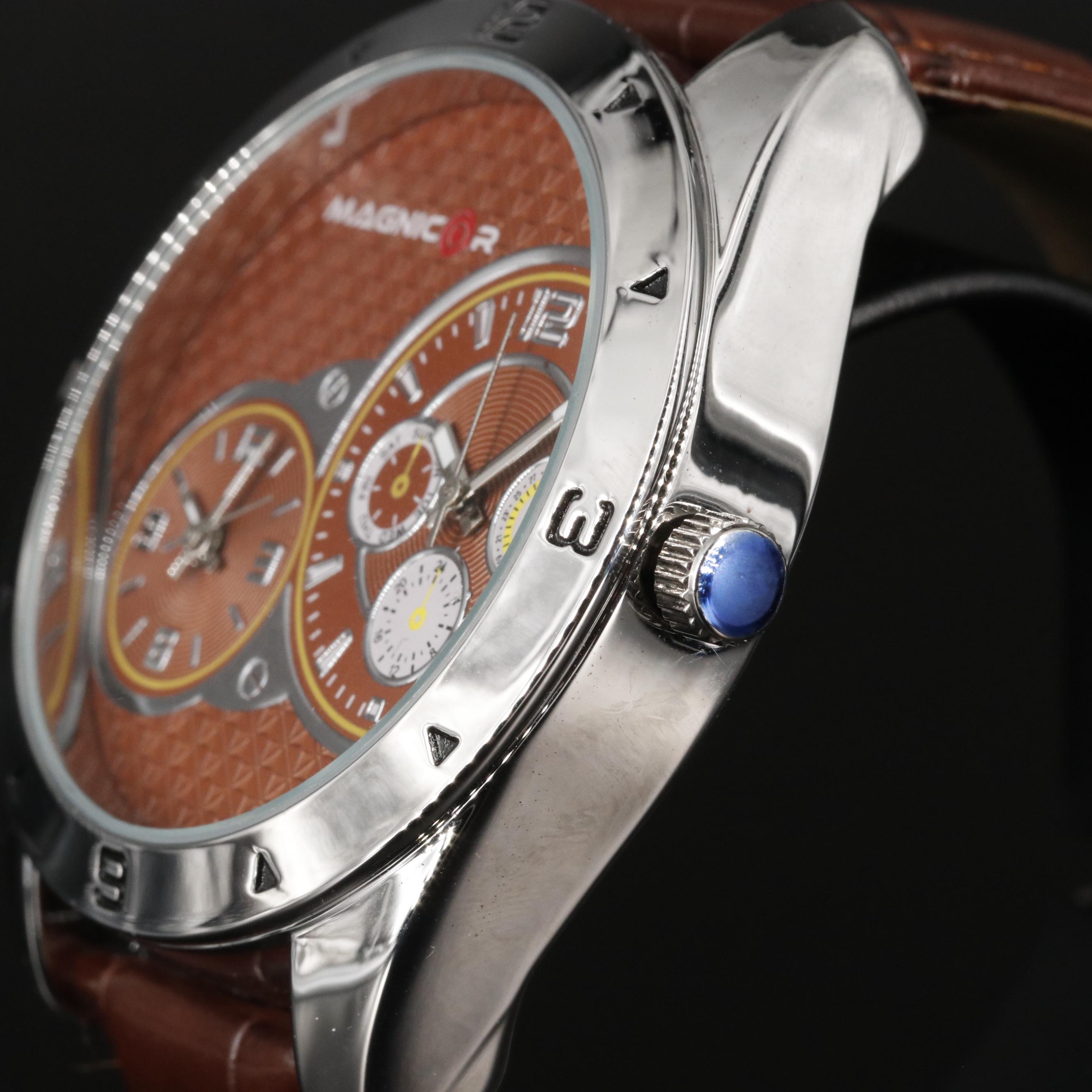 Magnicor Dual Time Zone Watch with Brown Leather Strap