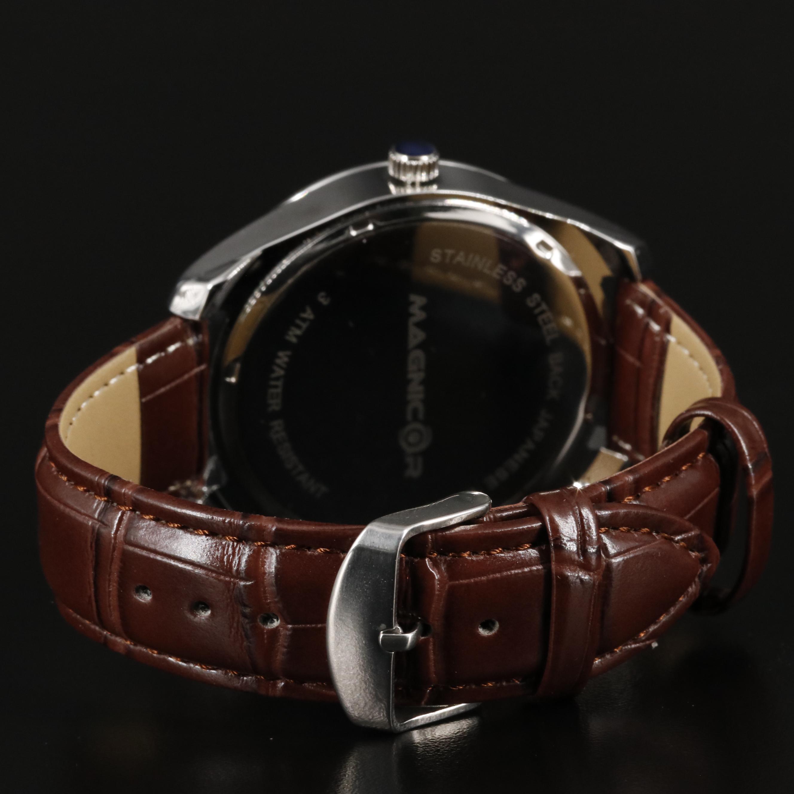 Magnicor Dual Time Zone Watch with Brown Leather Strap