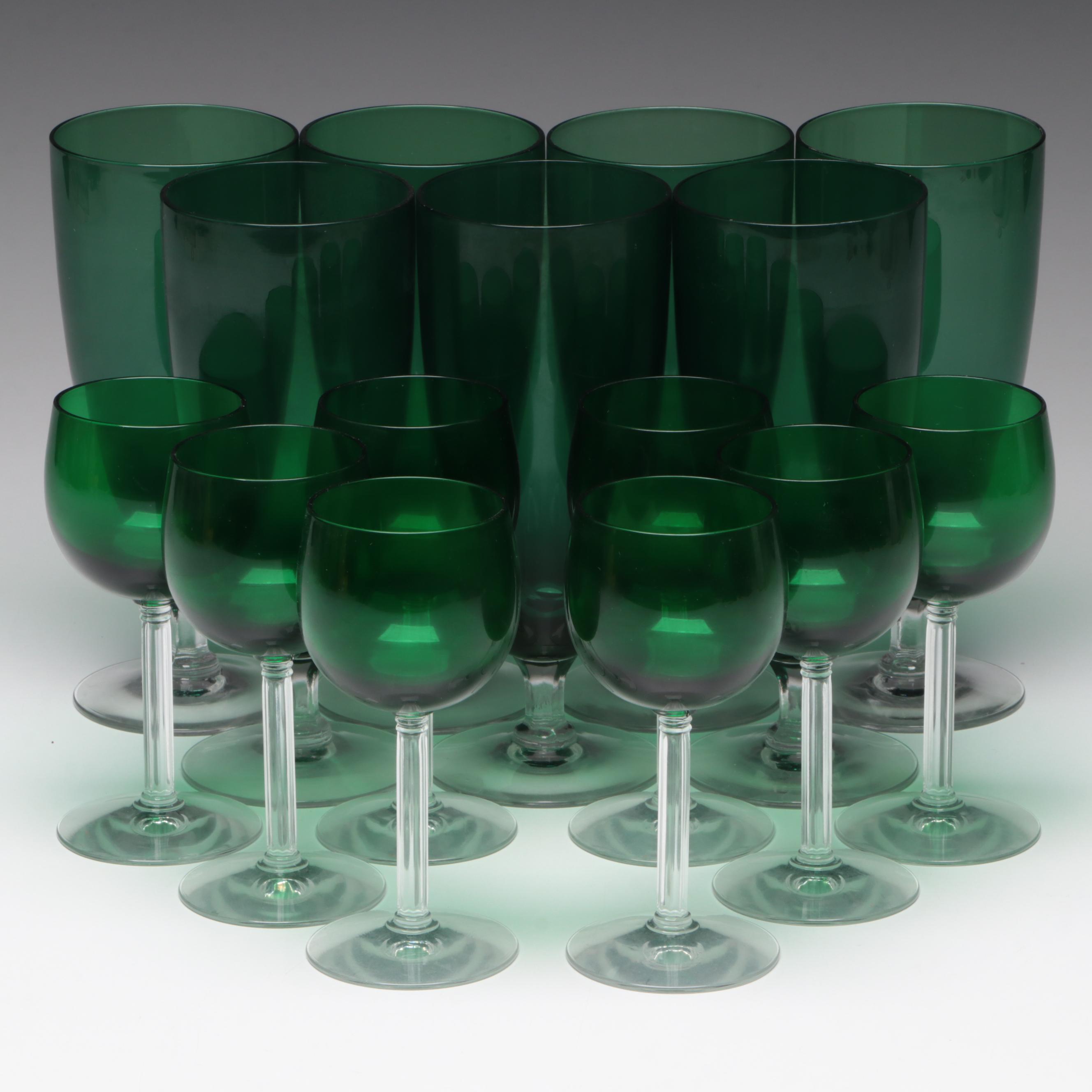 Green and Clear Glass Water and Wine Glasses, Mid to Late 20th Century