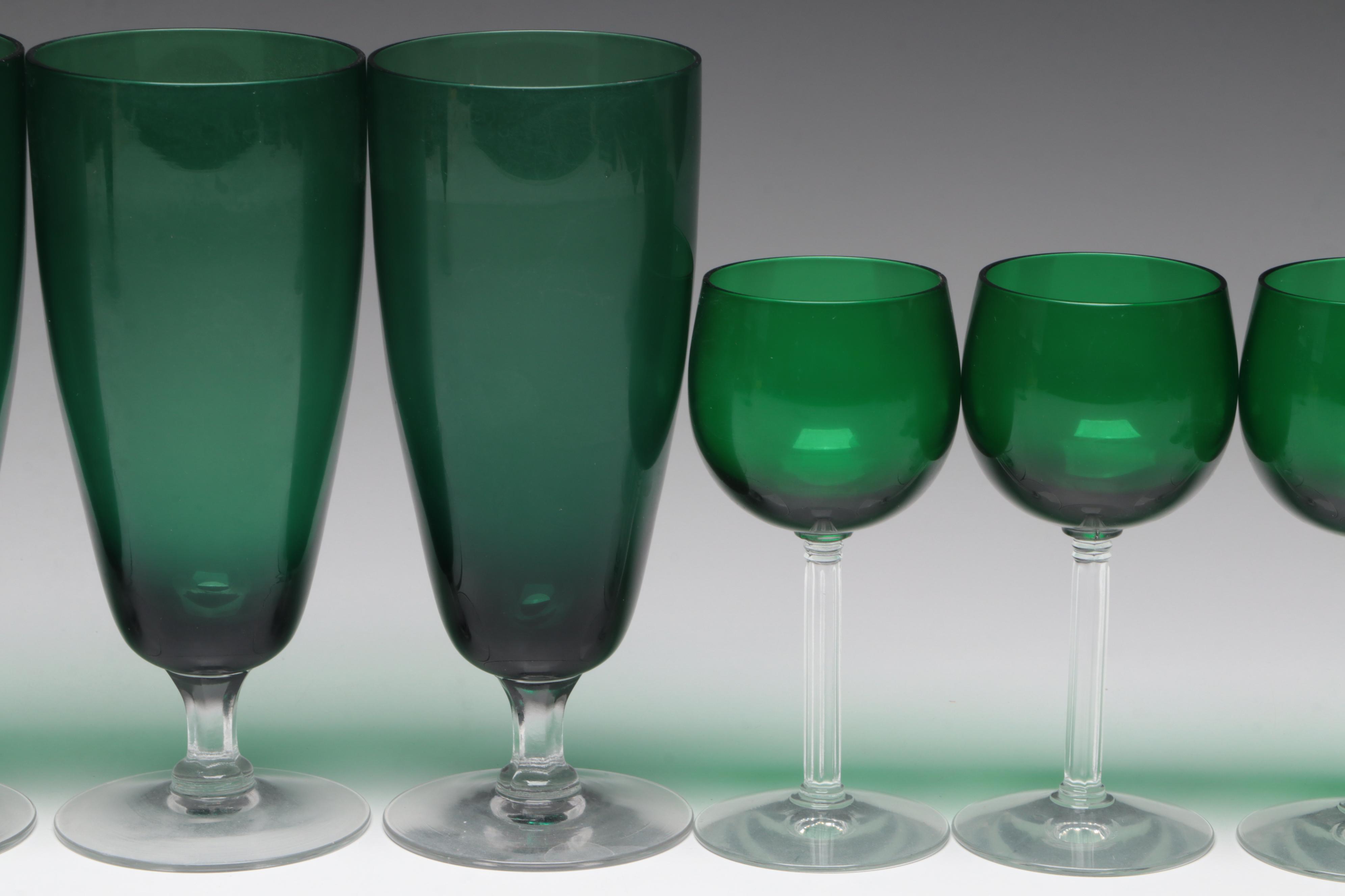 Green and Clear Glass Water and Wine Glasses, Mid to Late 20th Century