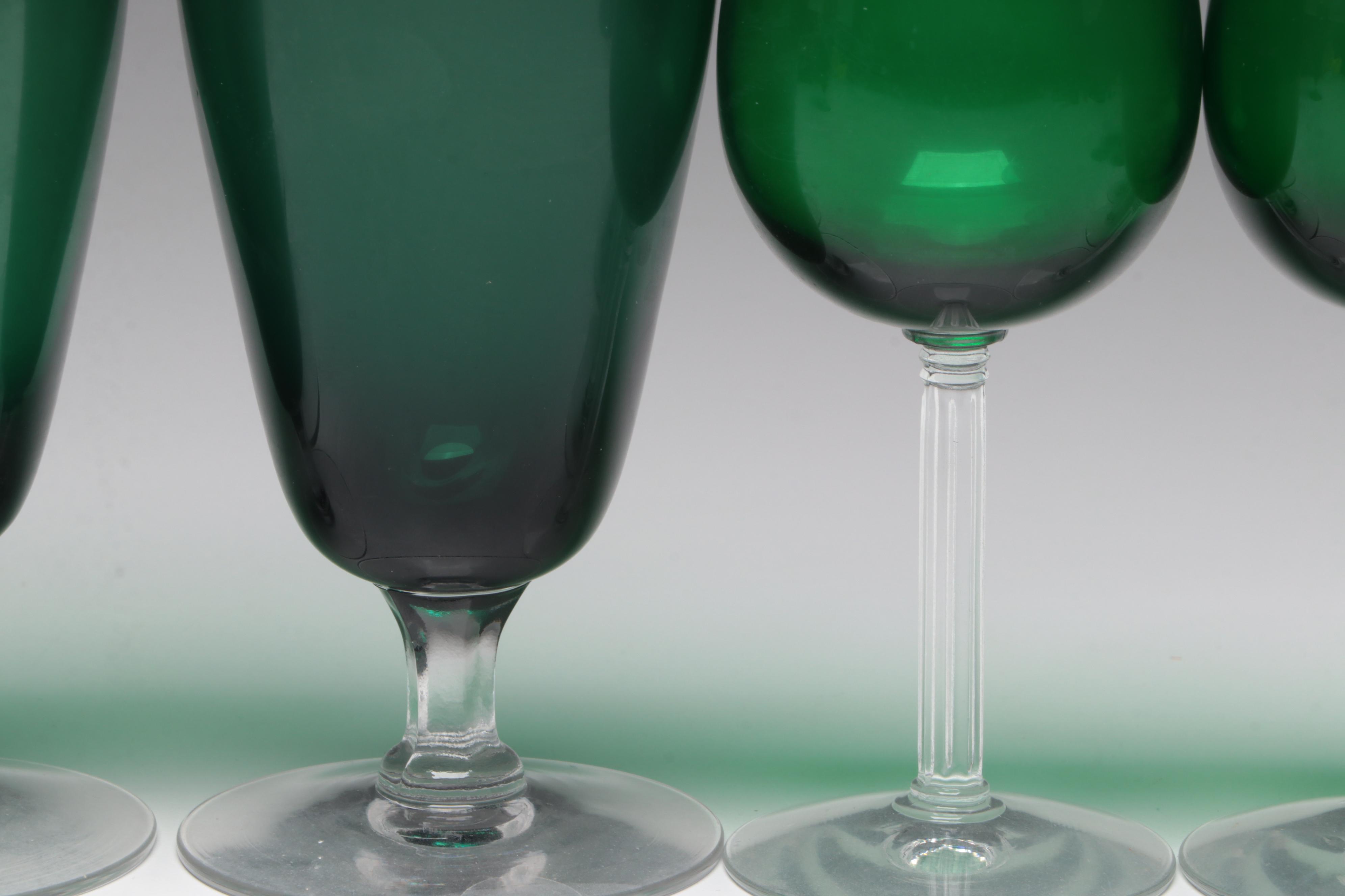 Green and Clear Glass Water and Wine Glasses, Mid to Late 20th Century