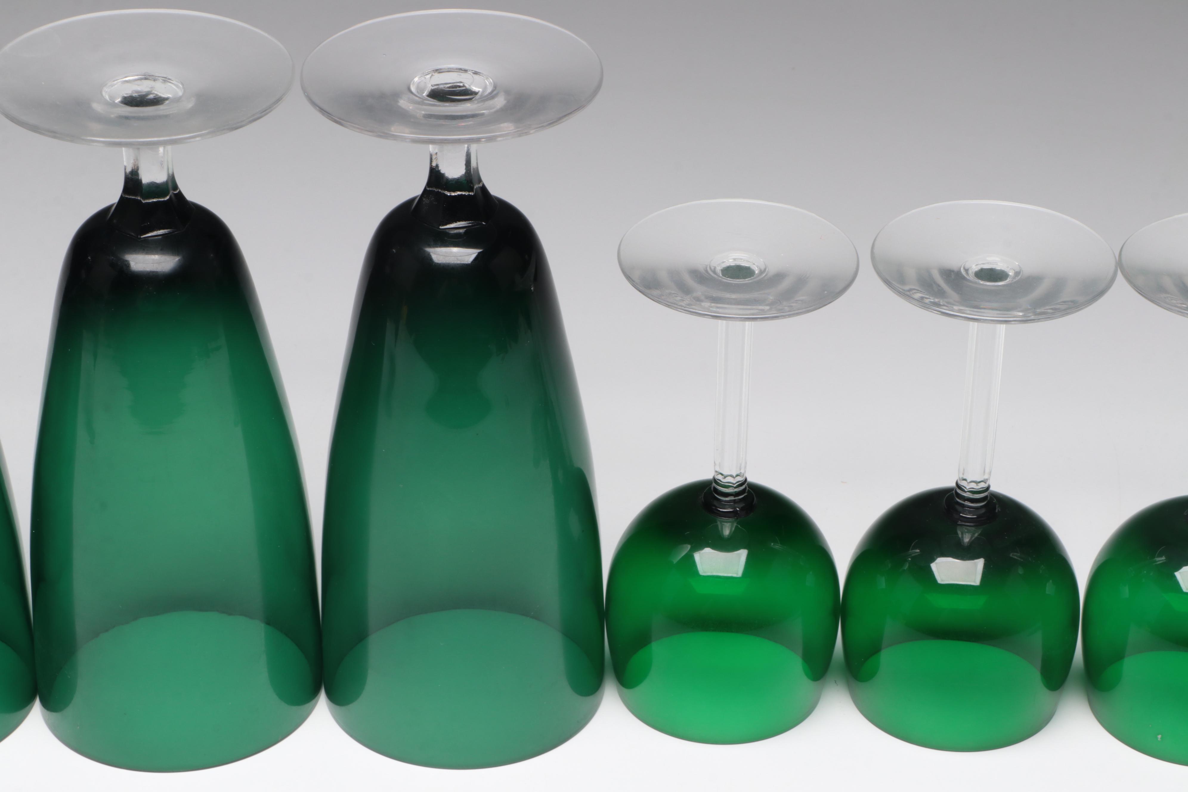 Green and Clear Glass Water and Wine Glasses, Mid to Late 20th Century