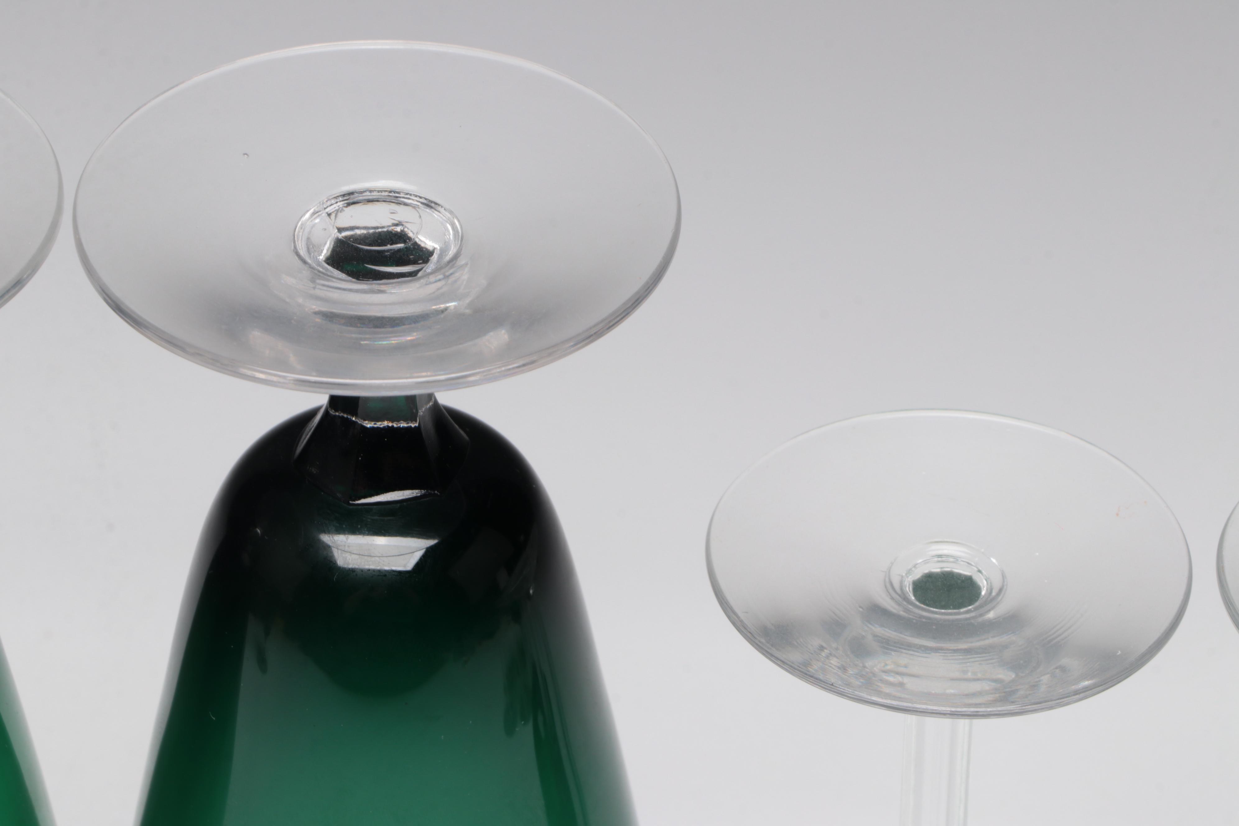 Green and Clear Glass Water and Wine Glasses, Mid to Late 20th Century