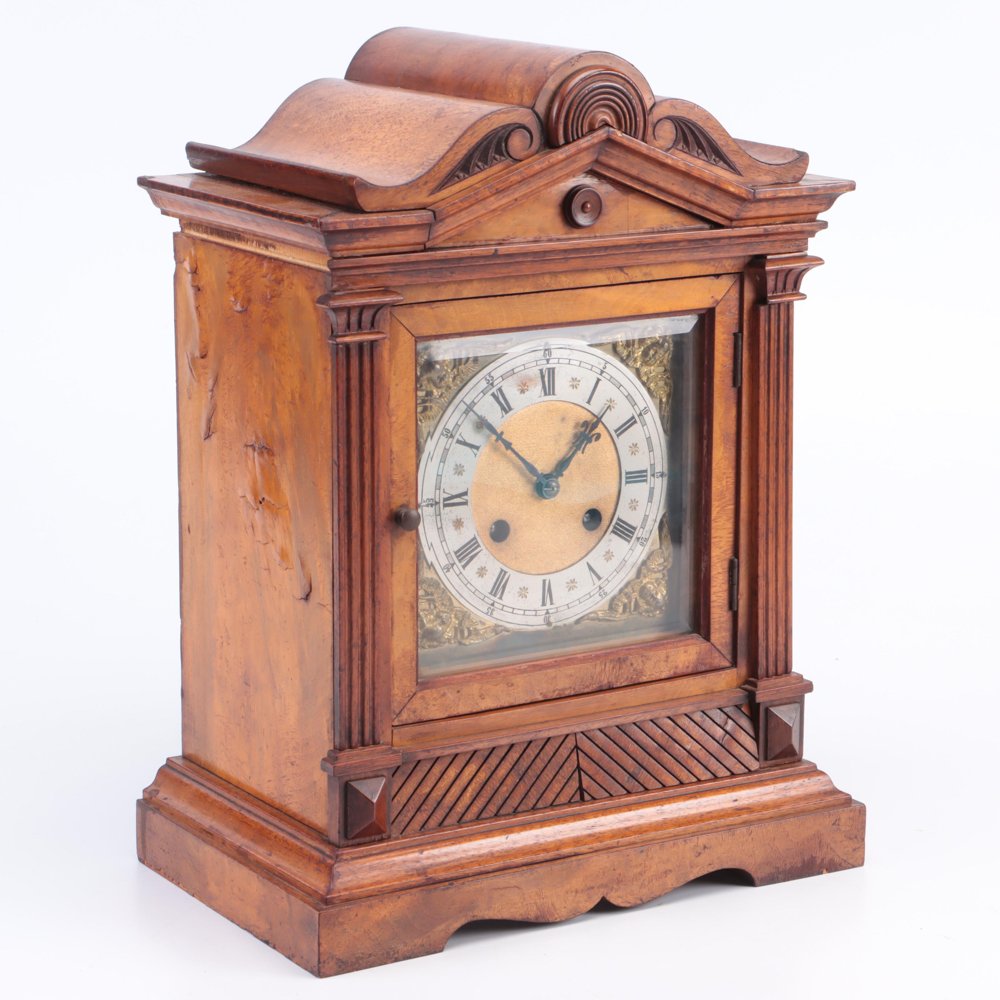 German Baroque Style Wood Case Mantel Clock, Mid to Late 20th Century
