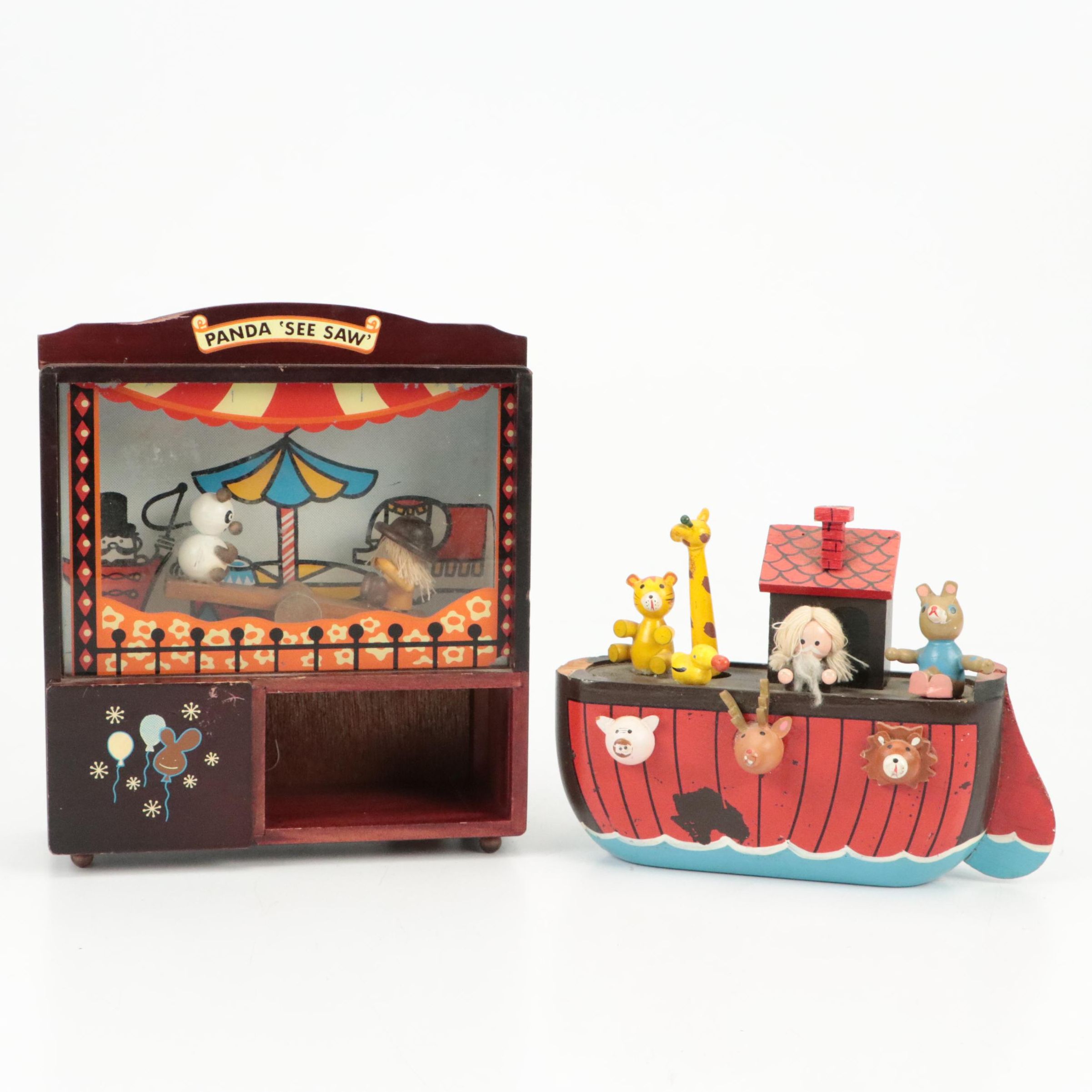Panda 'See Saw' and Noah's Arc Wooden Music Boxes, circa 1970