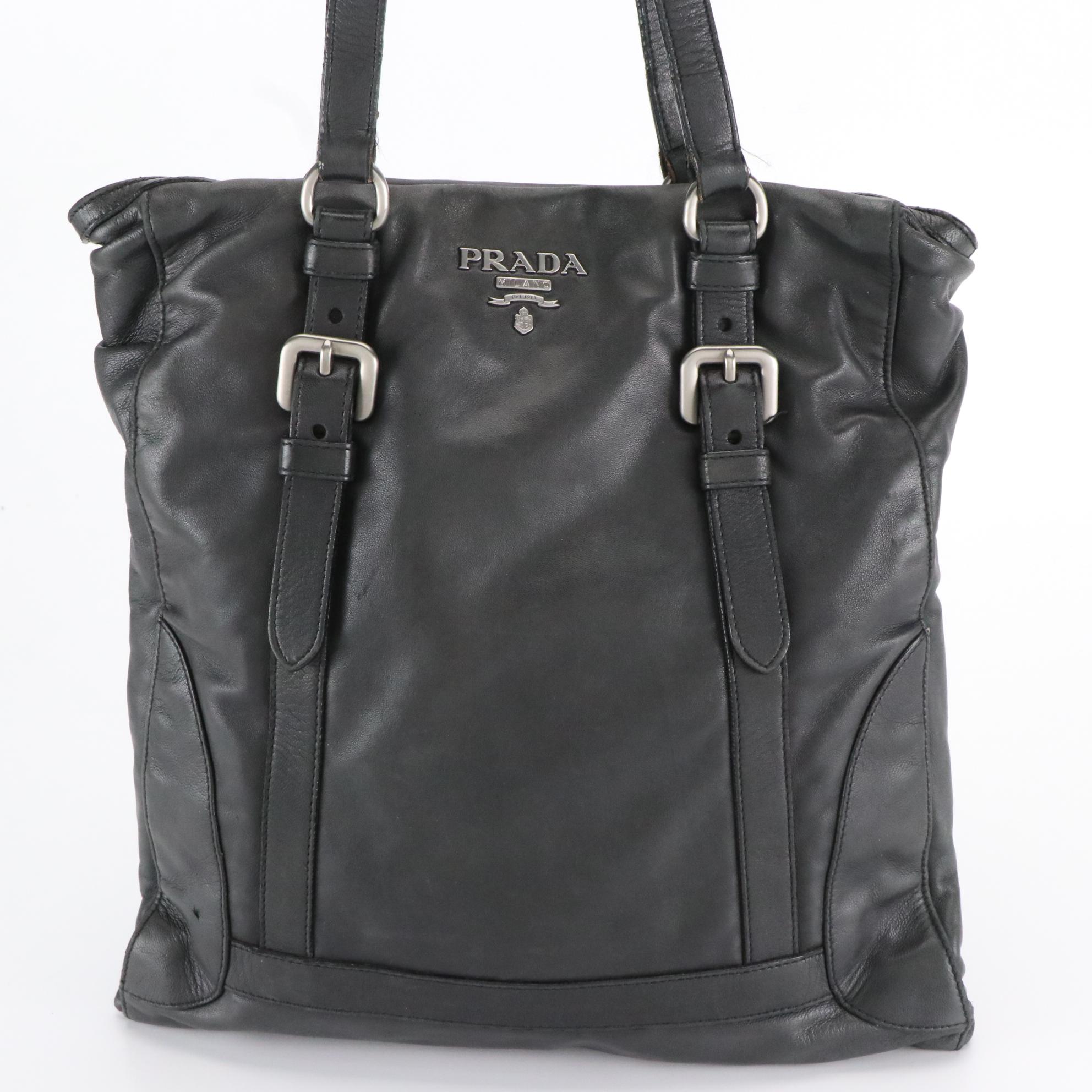 Prada Two-Way Tote Bag in Black Lambskin Leather