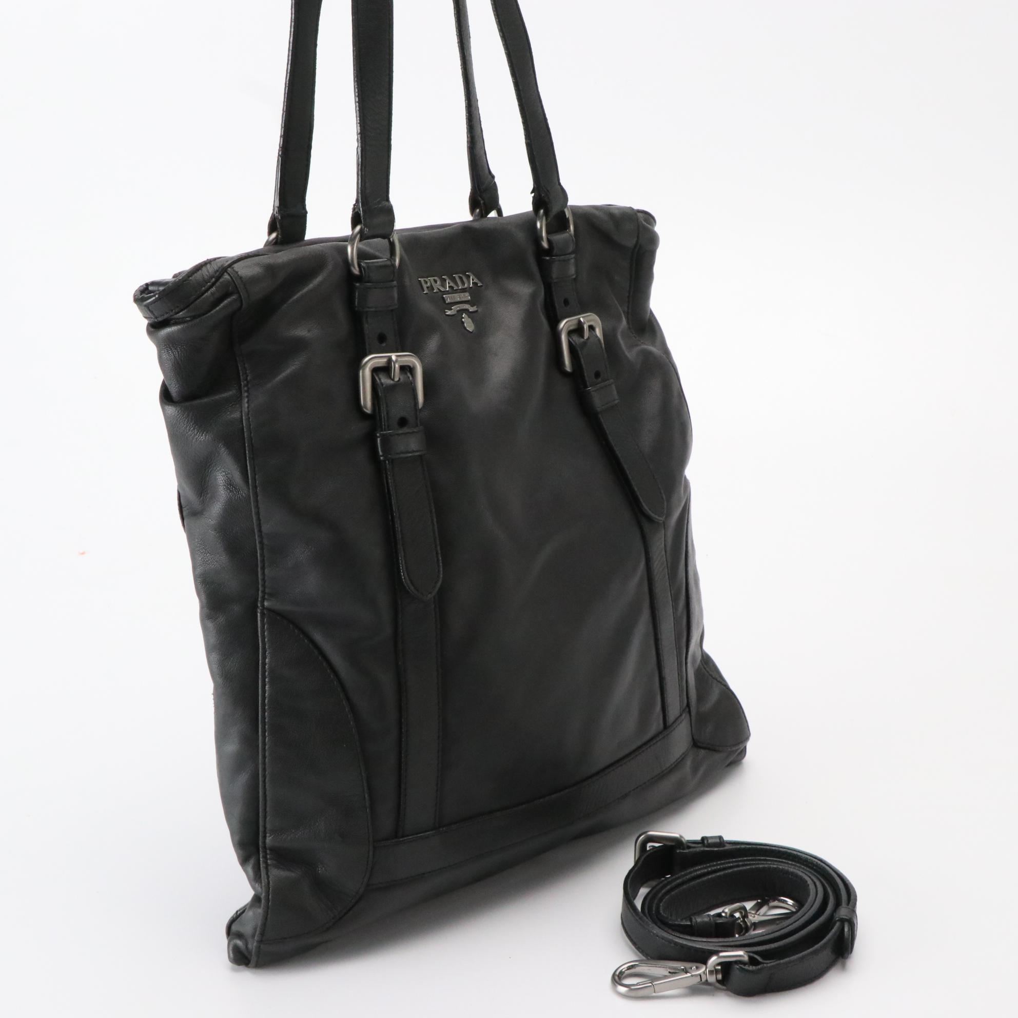 Prada Two-Way Tote Bag in Black Lambskin Leather