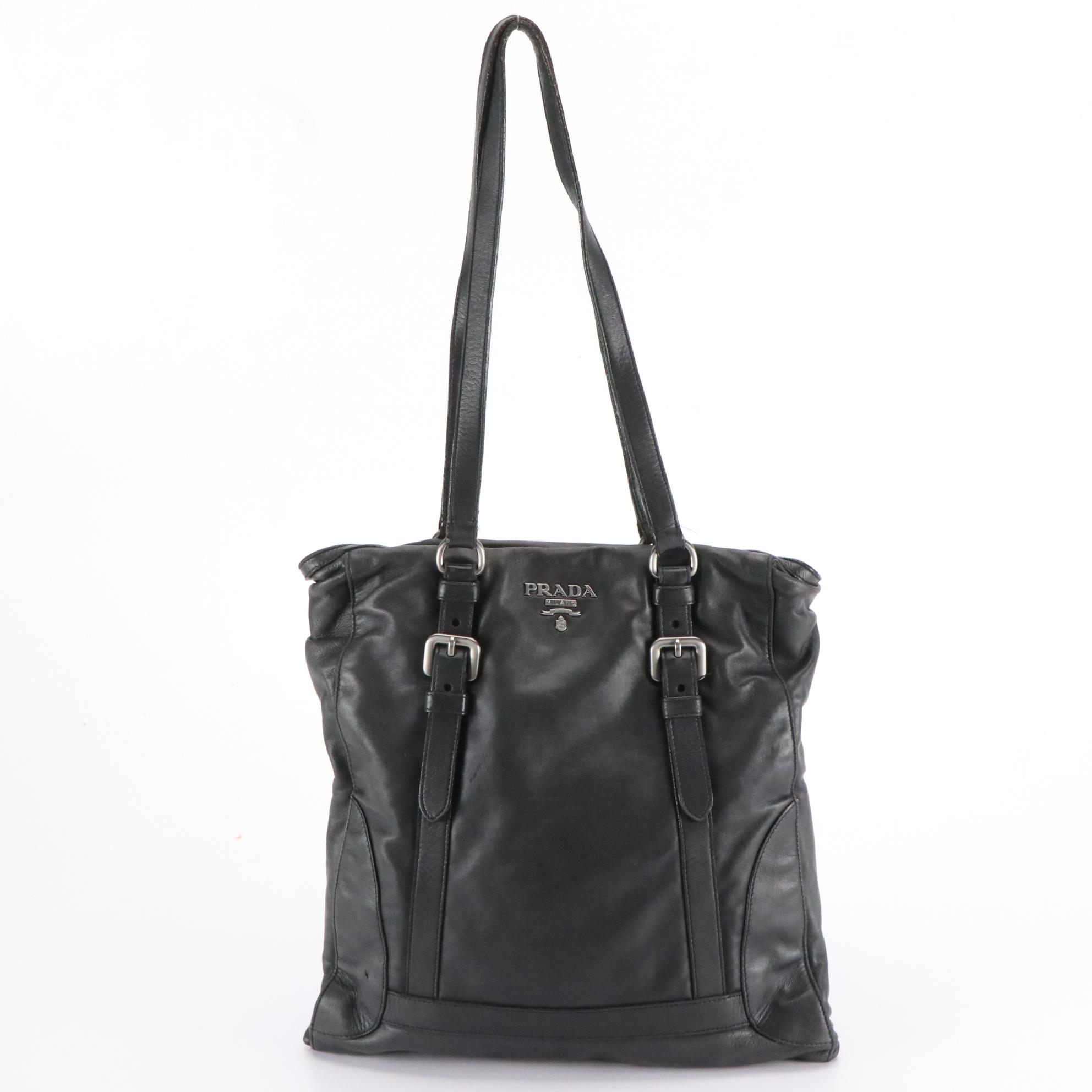 Prada Two-Way Tote Bag in Black Lambskin Leather