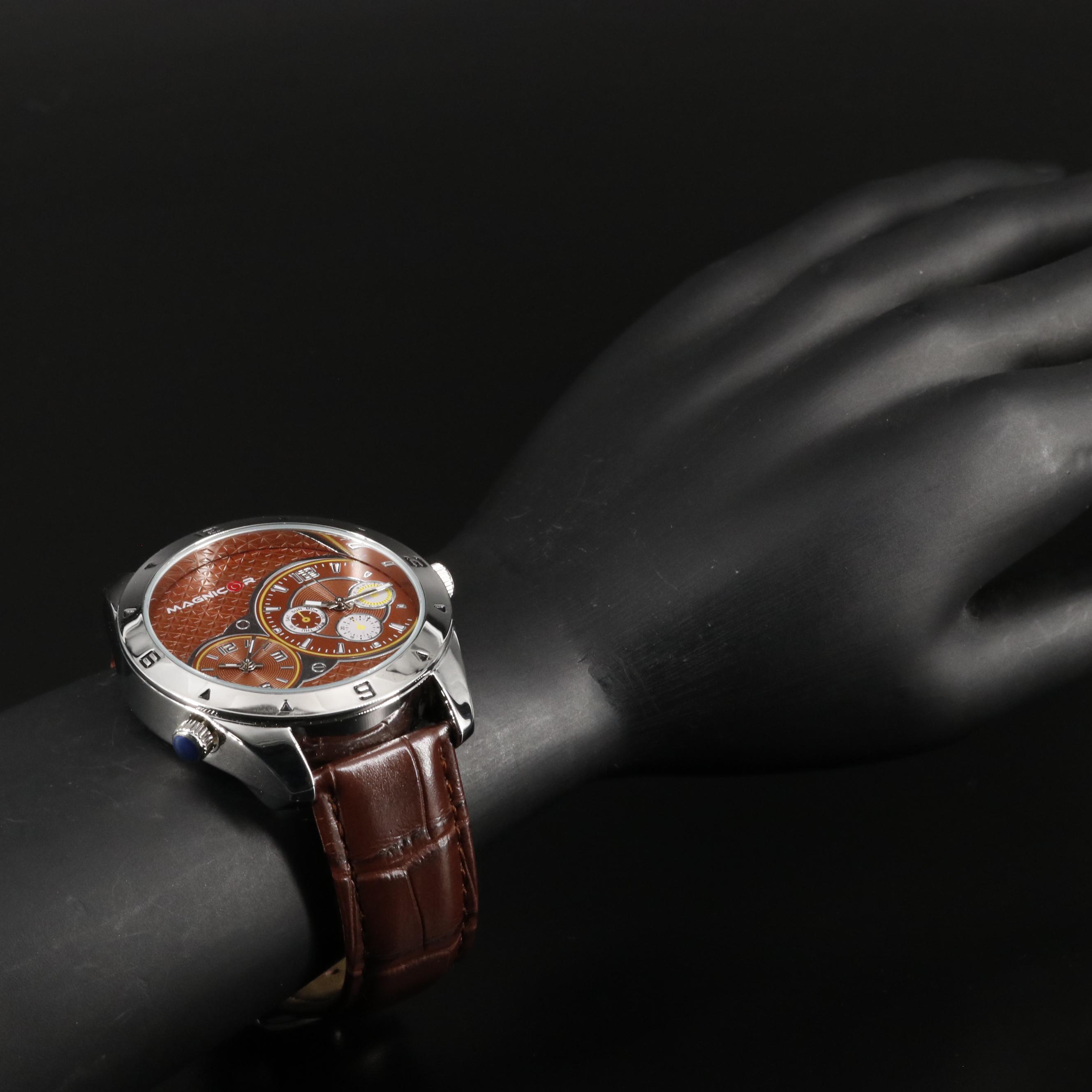 Magnicor Dual Time Zone Watch with Brown Leather Strap