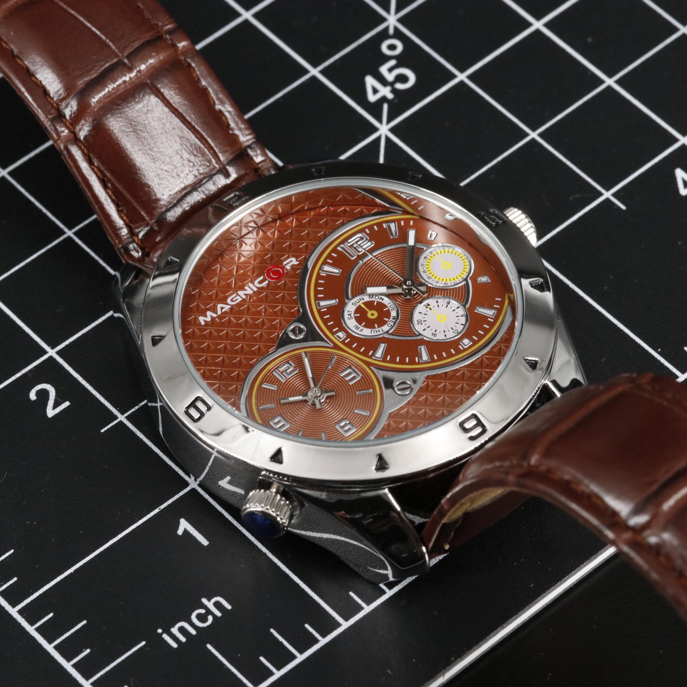 Magnicor Dual Time Zone Watch with Brown Leather Strap