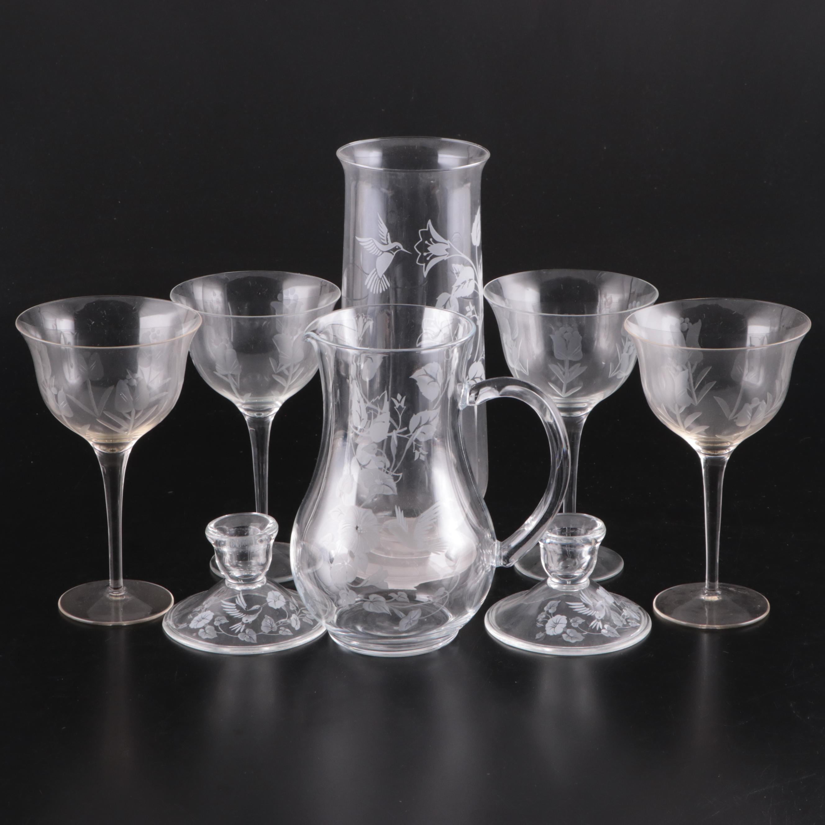 Etched Glass Pitcher, Flared Wine Glasses, and More