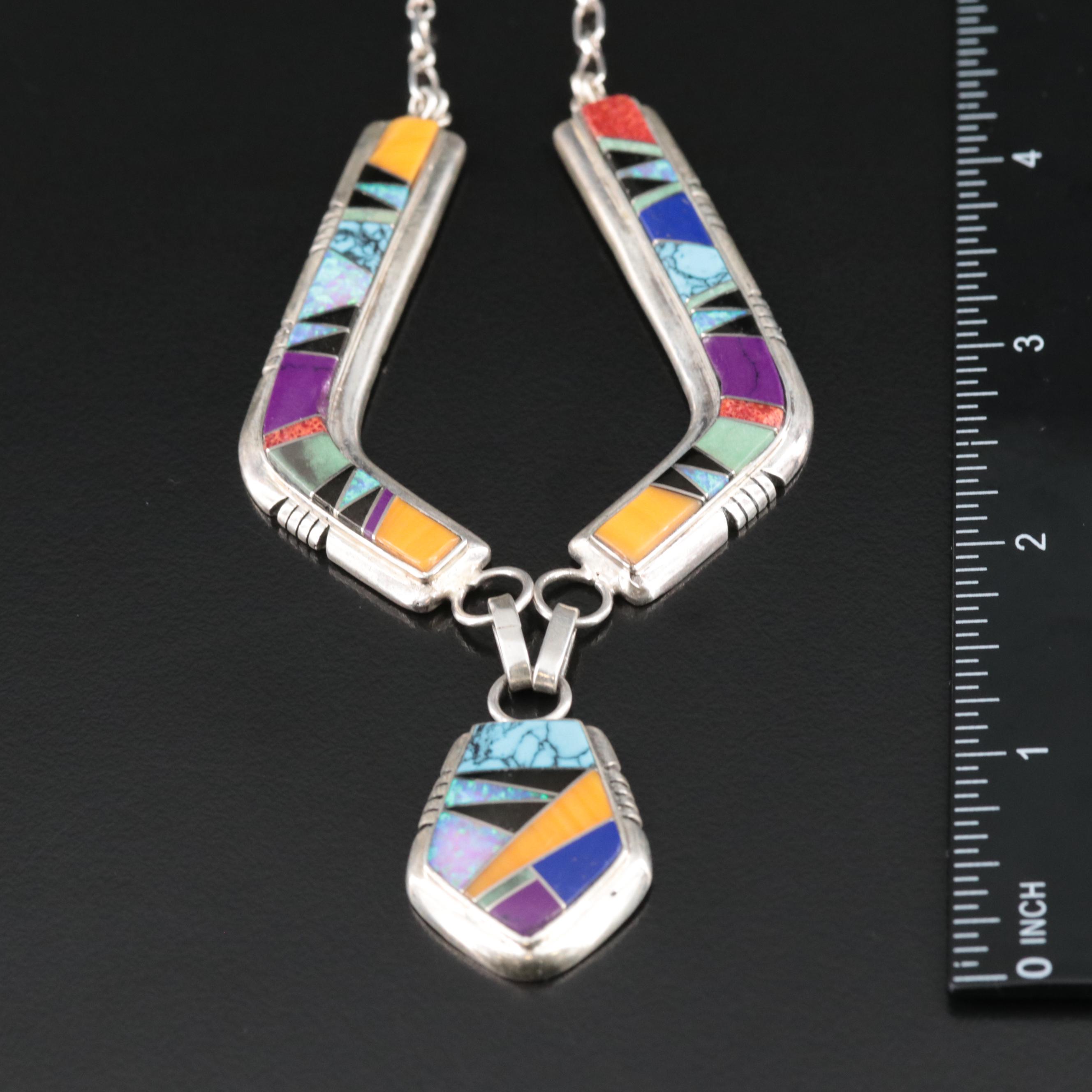 Western Style Sterling Multi-Gemstone Inlay Necklace Including Coral and Opal