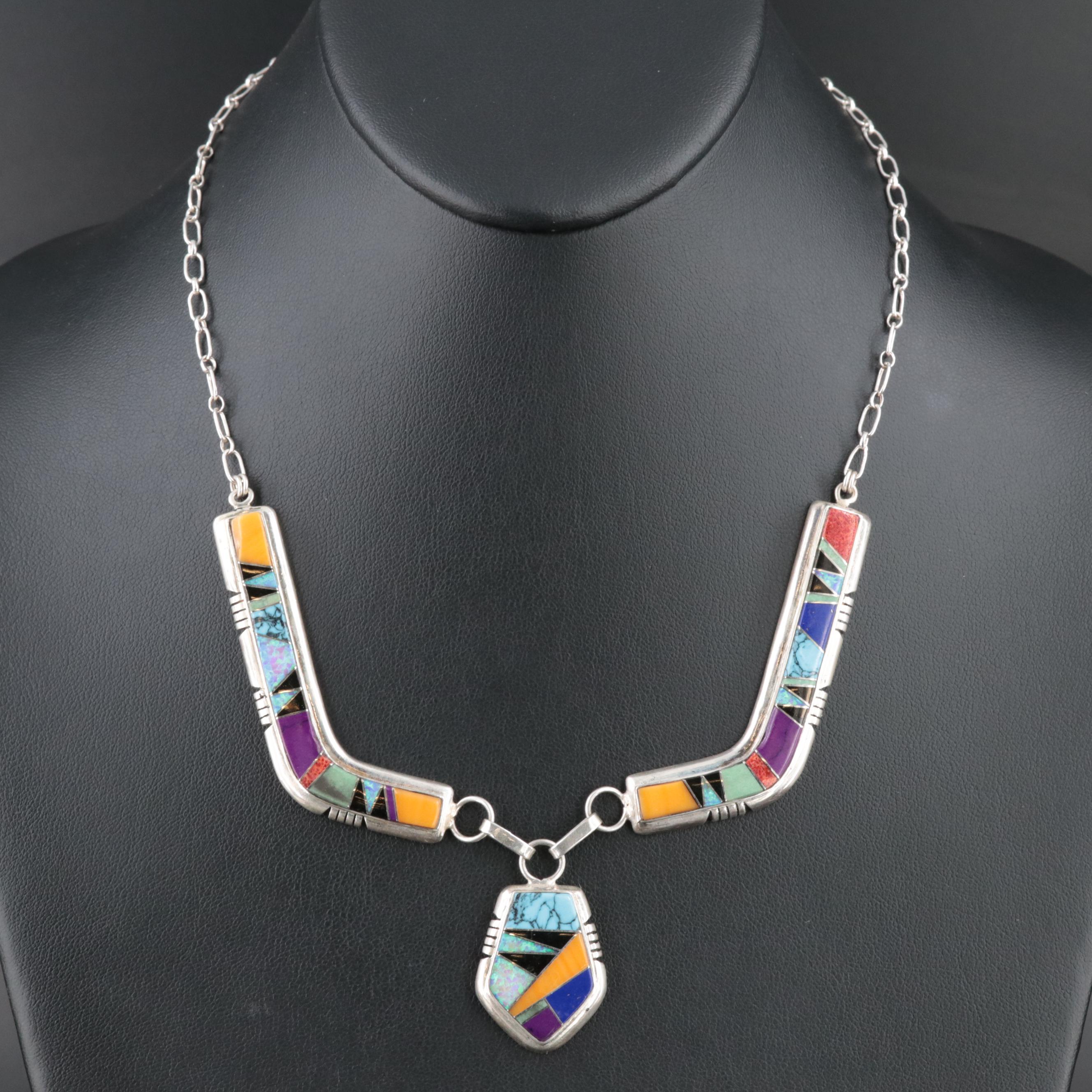 Western Style Sterling Multi-Gemstone Inlay Necklace Including Coral and Opal