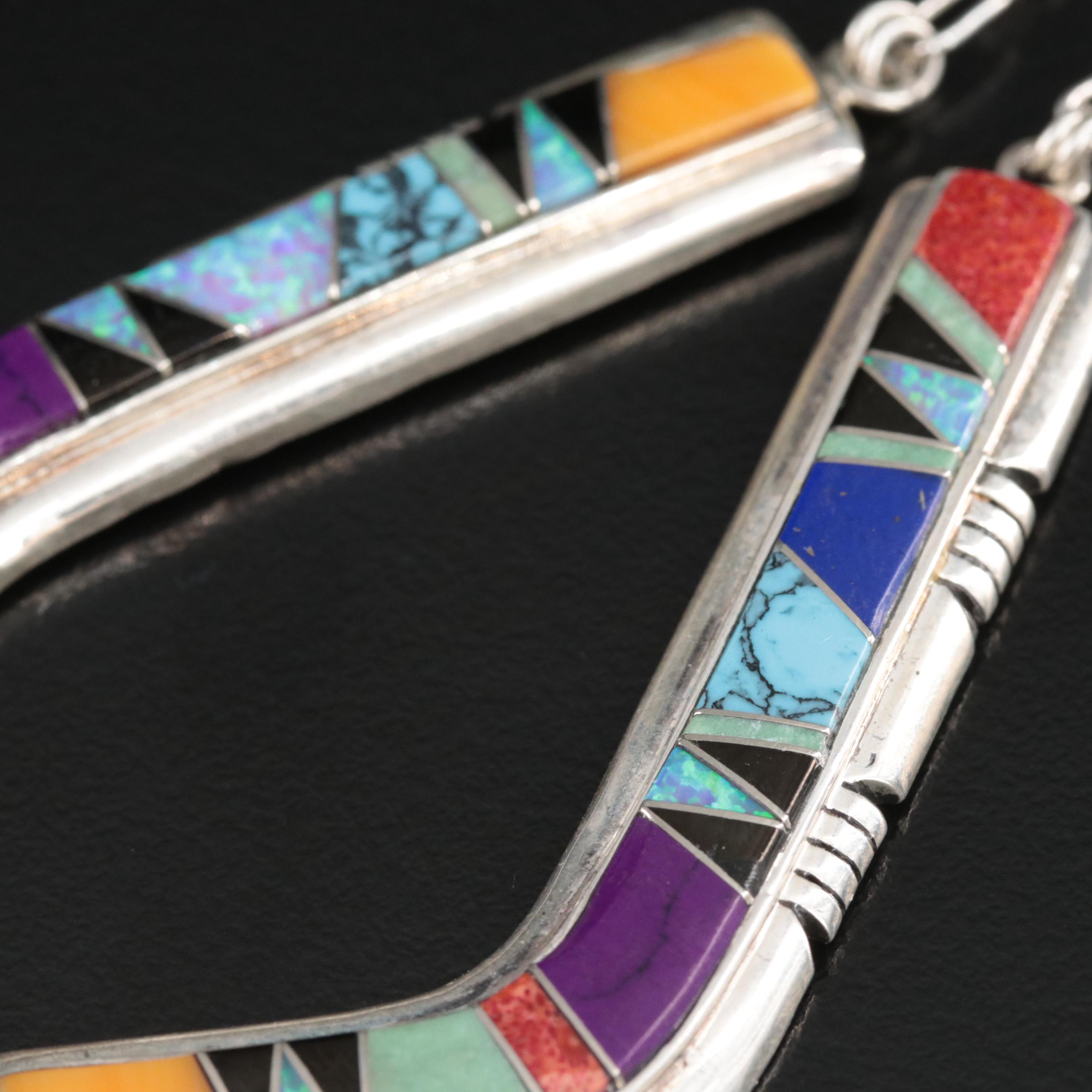 Western Style Sterling Multi-Gemstone Inlay Necklace Including Coral and Opal