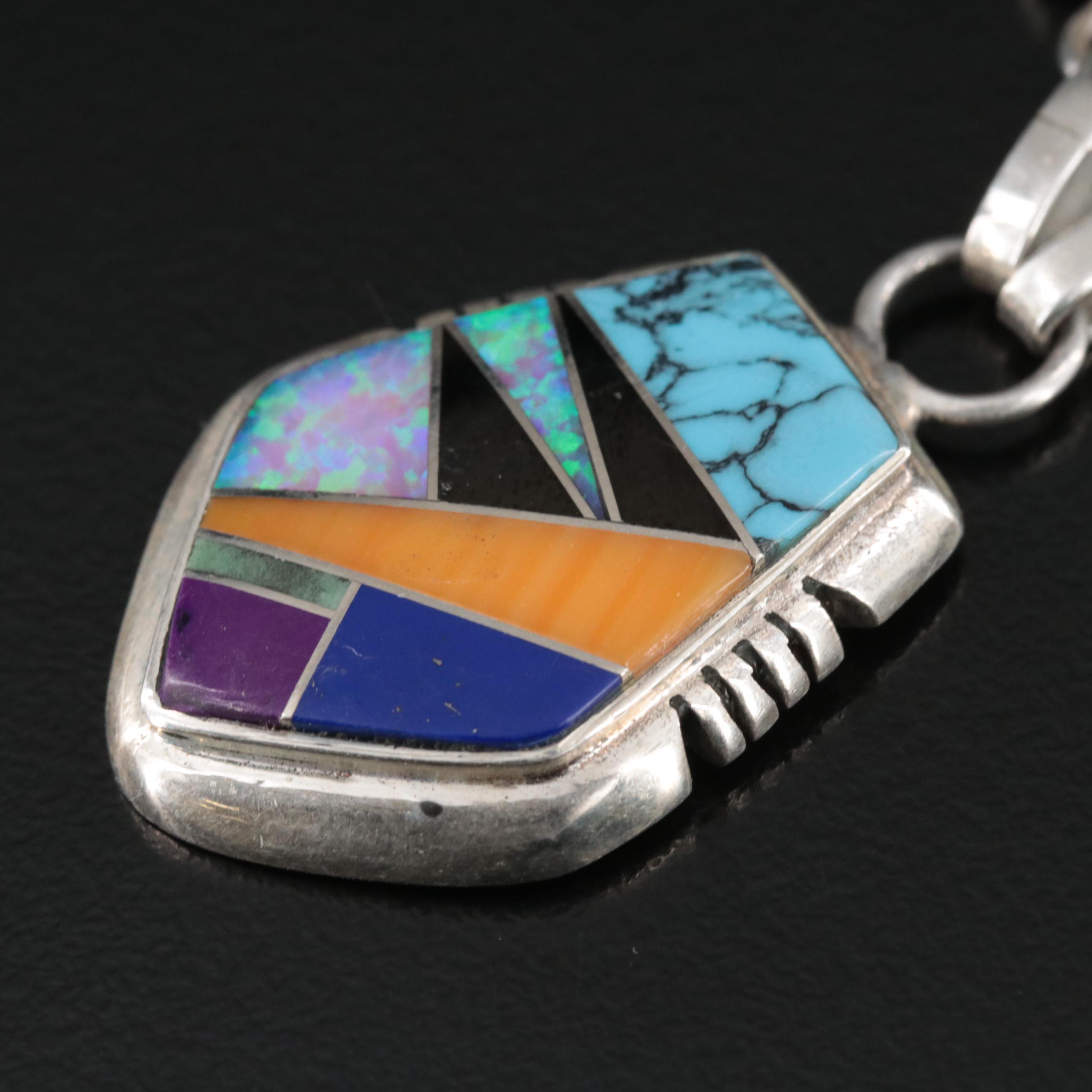 Western Style Sterling Multi-Gemstone Inlay Necklace Including Coral and Opal