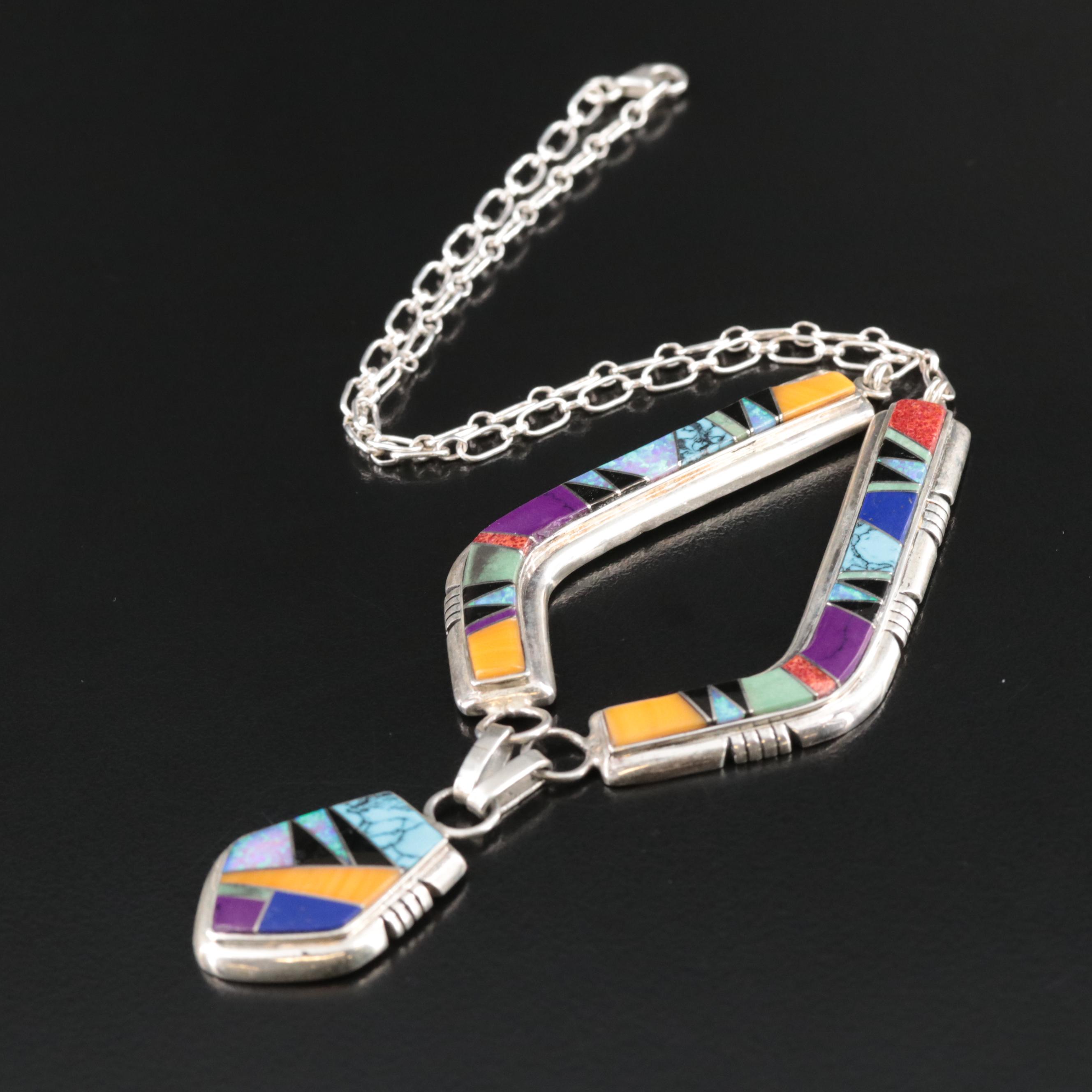 Western Style Sterling Multi-Gemstone Inlay Necklace Including Coral and Opal