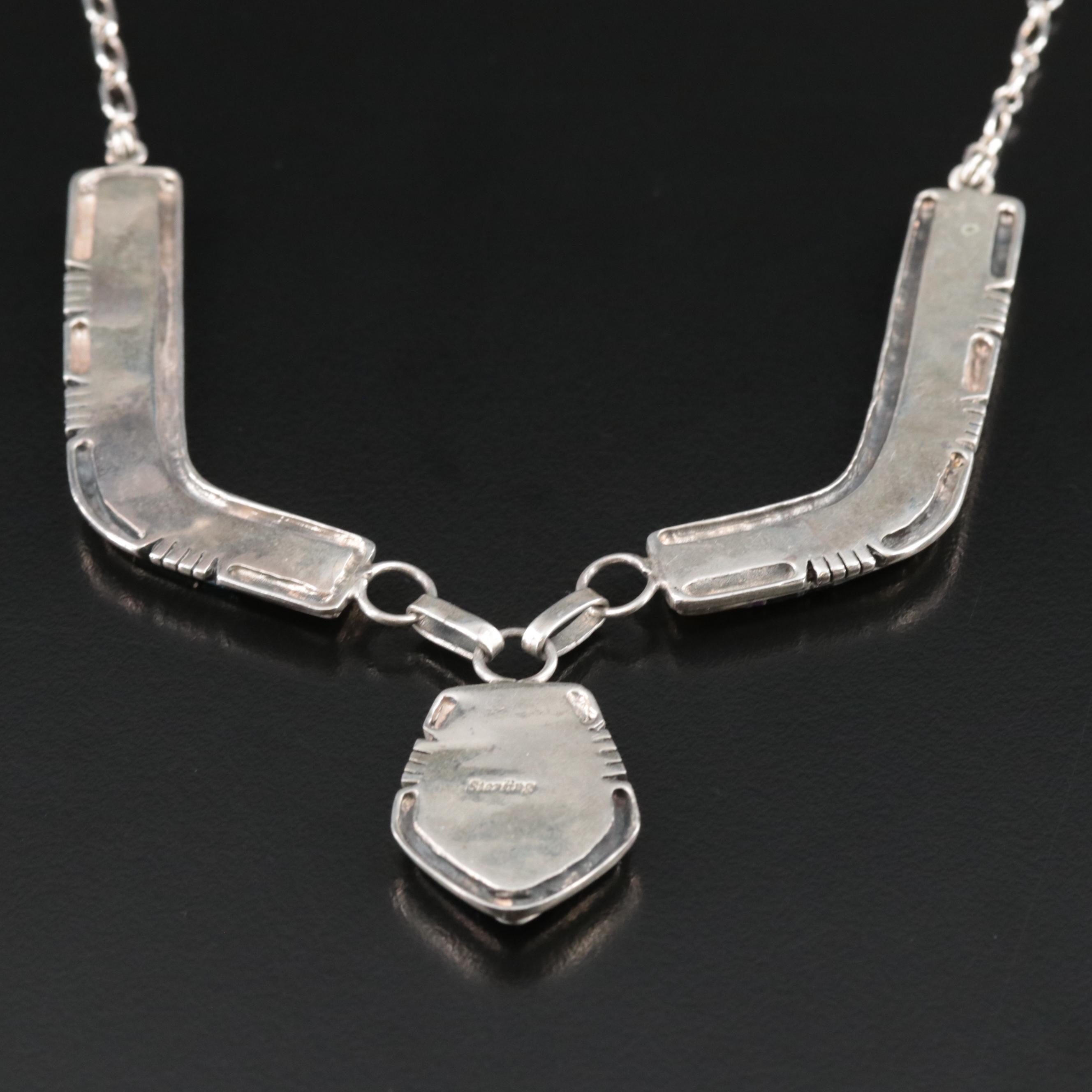 Western Style Sterling Multi-Gemstone Inlay Necklace Including Coral and Opal