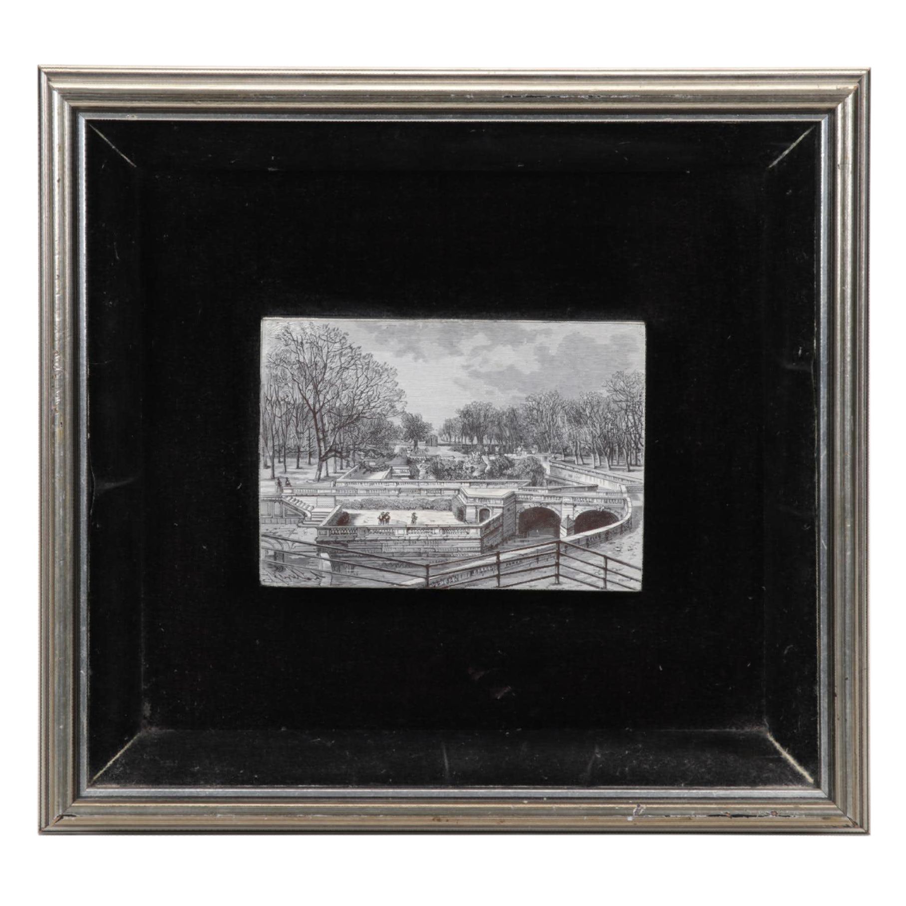French Intaglio Printing Plate of Jardin de la Fontaine in Nimes
