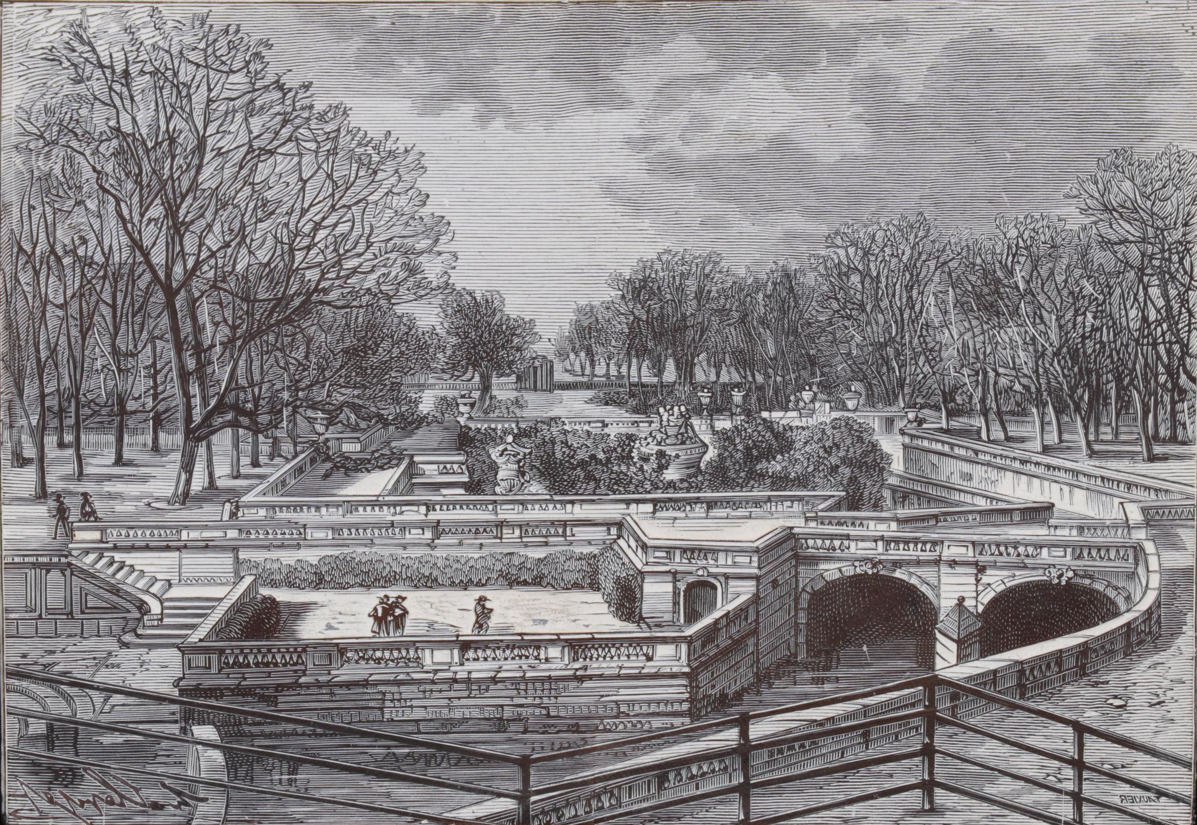 French Intaglio Printing Plate of Jardin de la Fontaine in Nimes