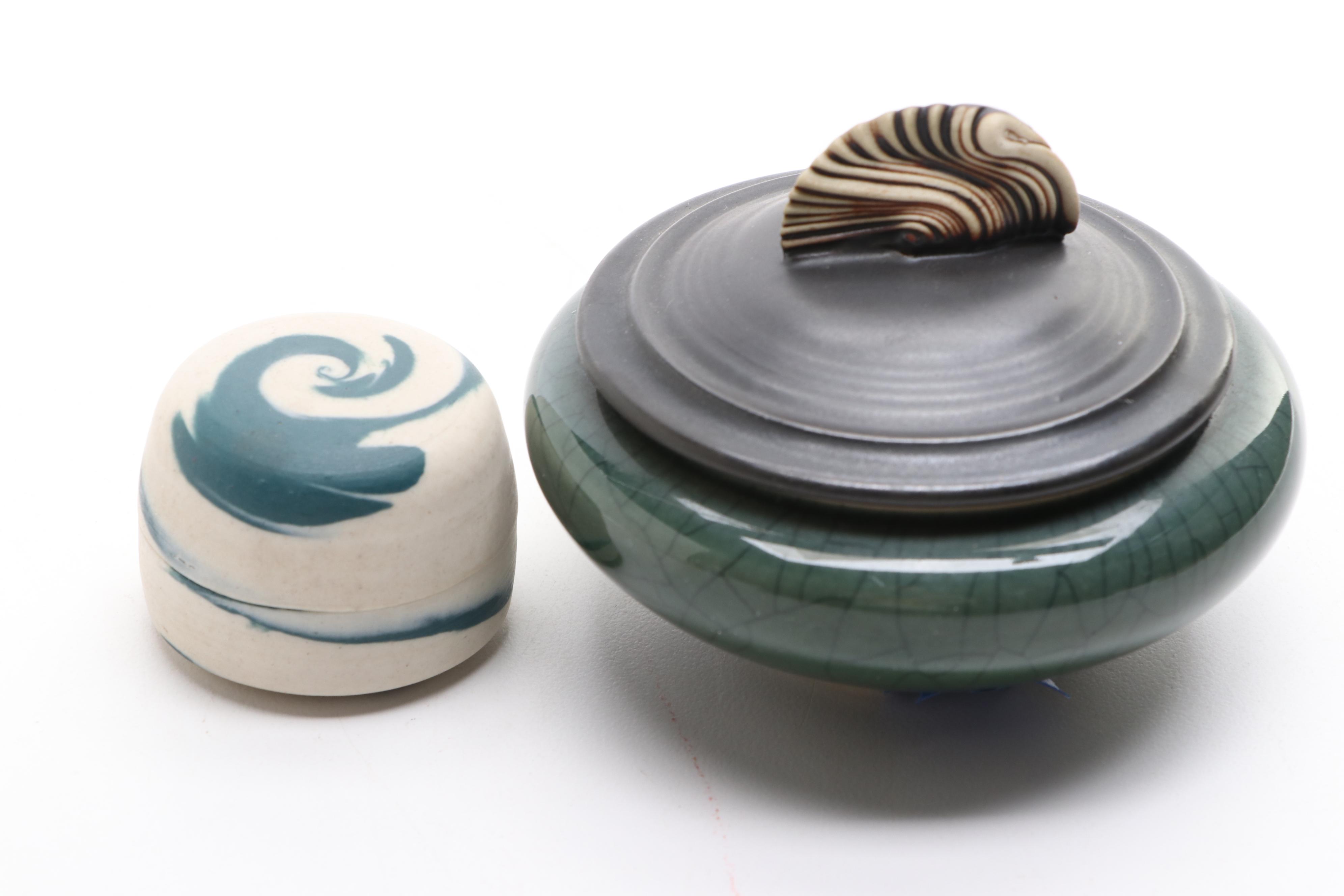 Signed Art Pottery Vase, Boxes and Apple Figurine