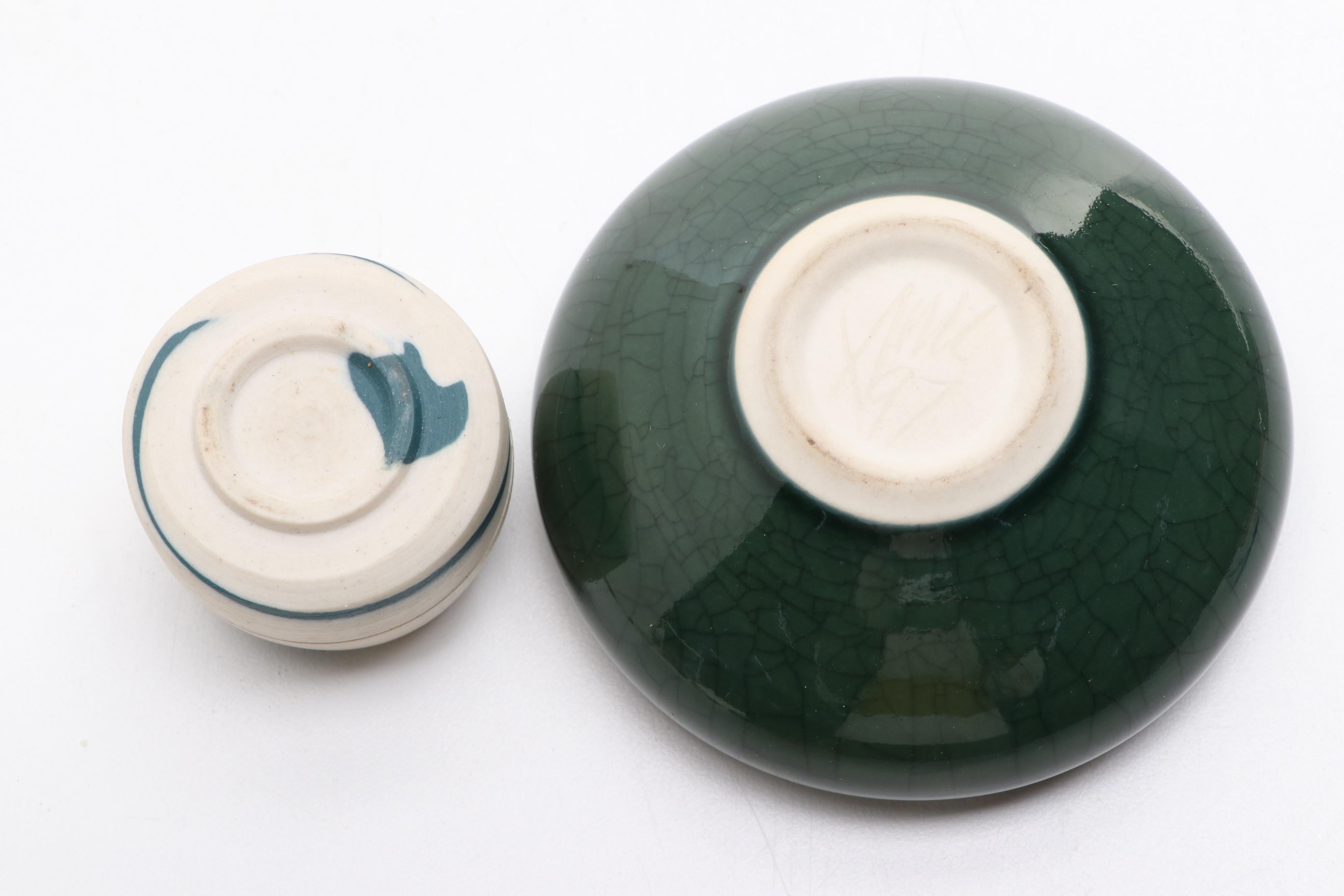 Signed Art Pottery Vase, Boxes and Apple Figurine