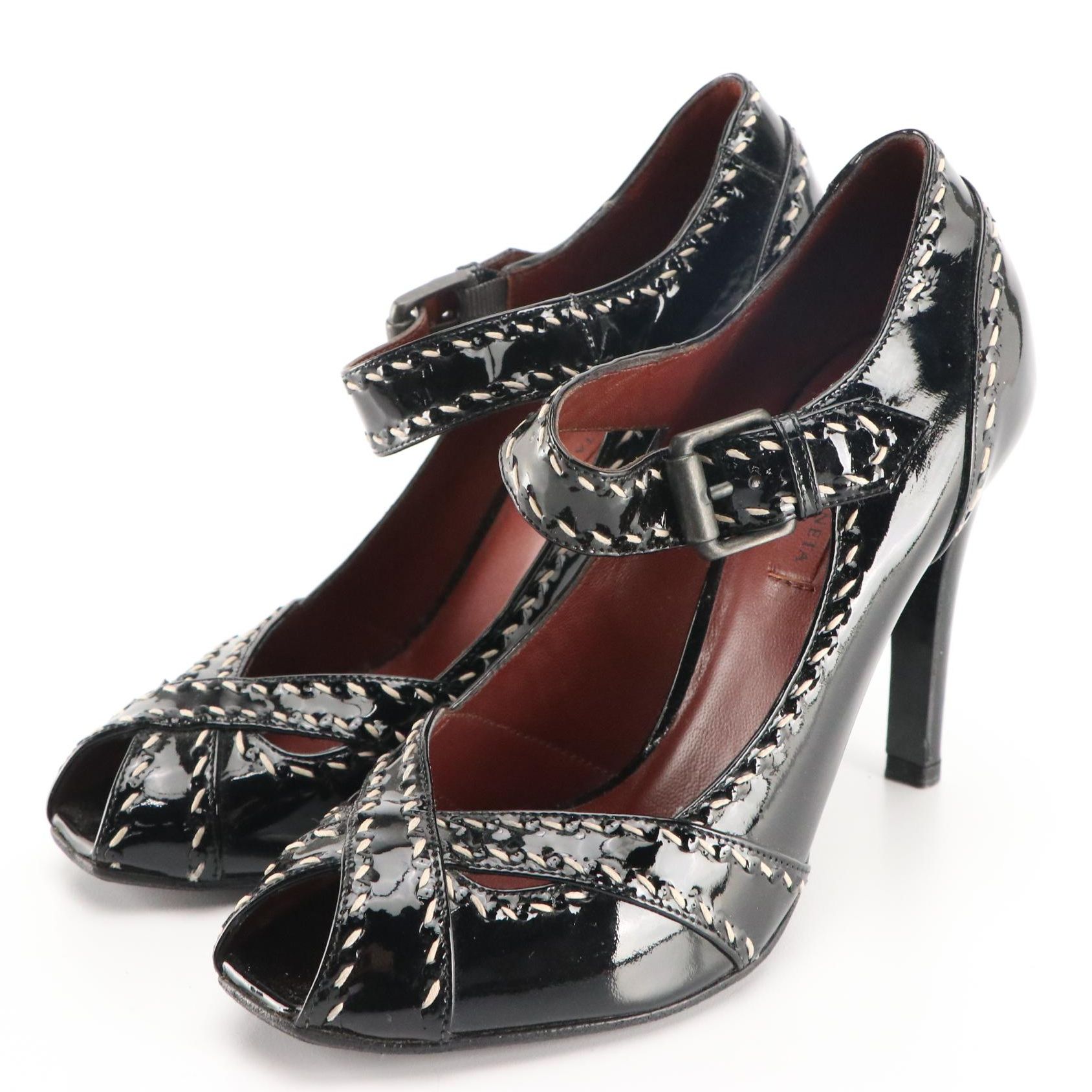 Bottega Veneta Peep Toe Mary Jane Strap Pumps in Patent Leather
