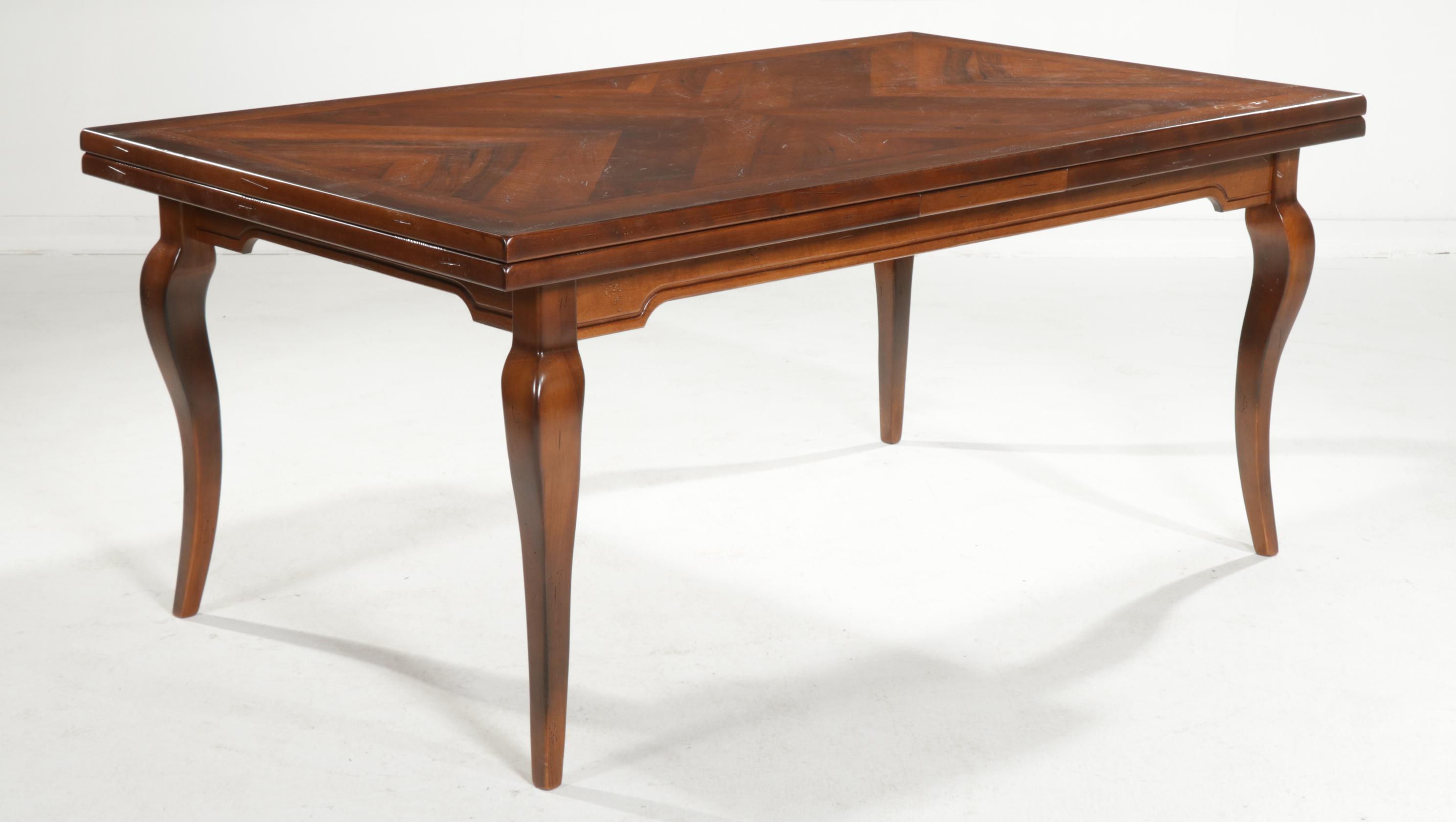 Arhaus Italian Walnut Draw-Leaf Dining Table and Leather-Upholstered Chairs