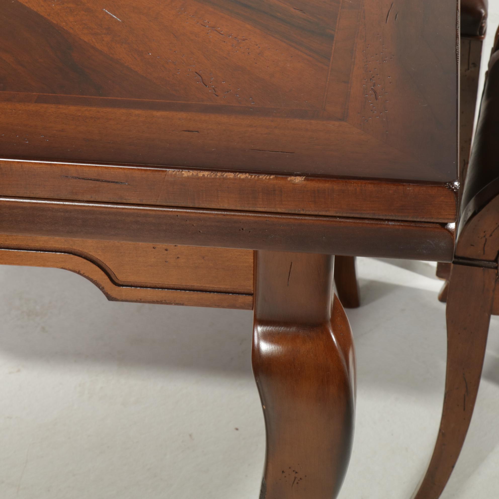 Arhaus Italian Walnut Draw-Leaf Dining Table and Leather-Upholstered Chairs