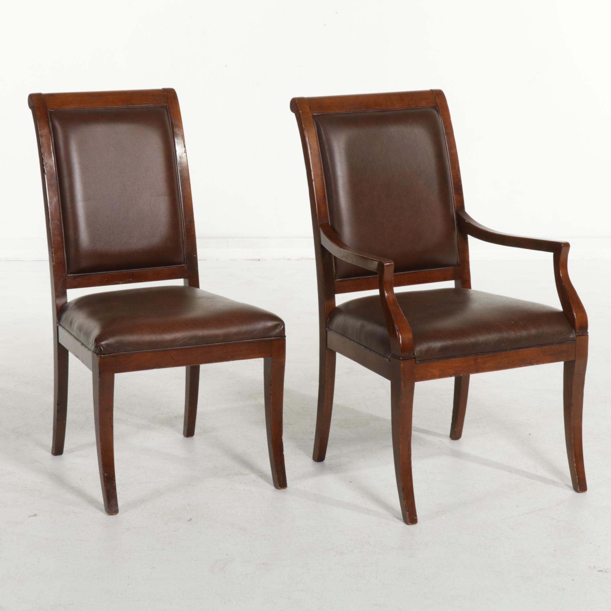 Arhaus Italian Walnut Draw-Leaf Dining Table and Leather-Upholstered Chairs