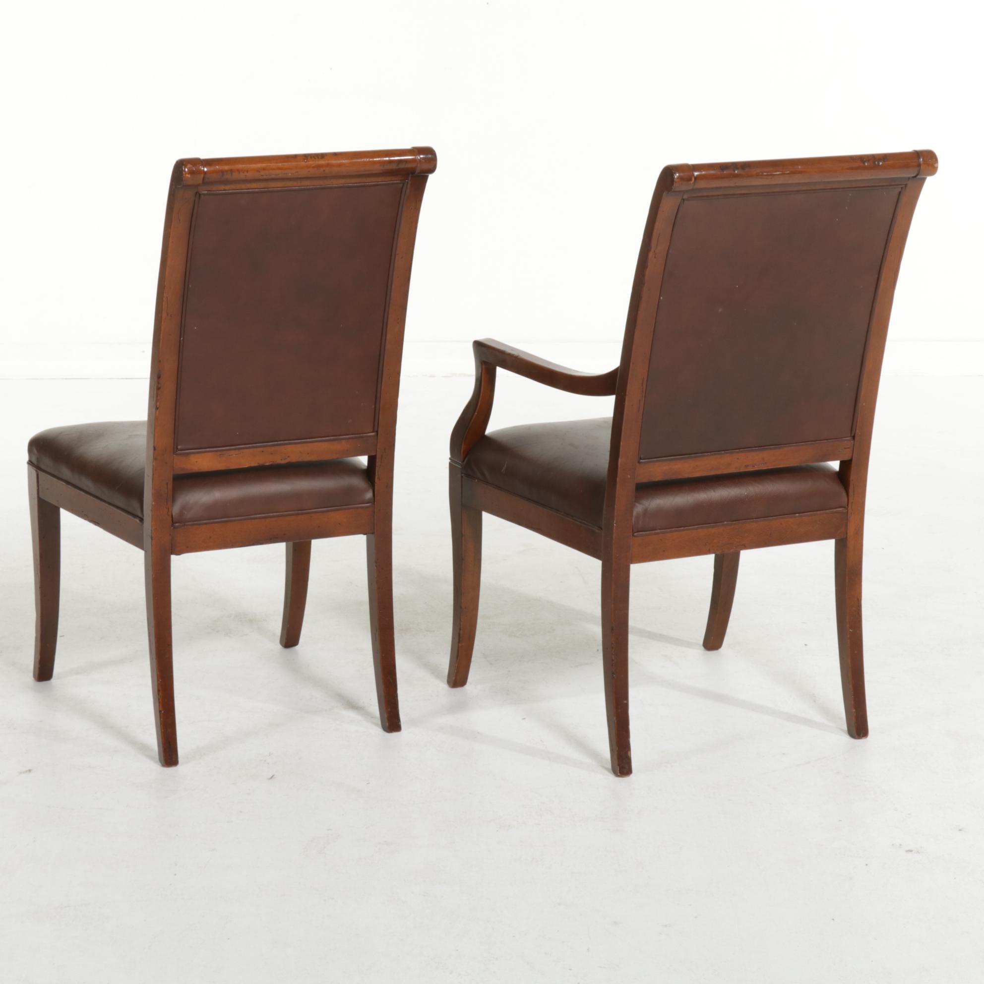 Arhaus Italian Walnut Draw-Leaf Dining Table and Leather-Upholstered Chairs