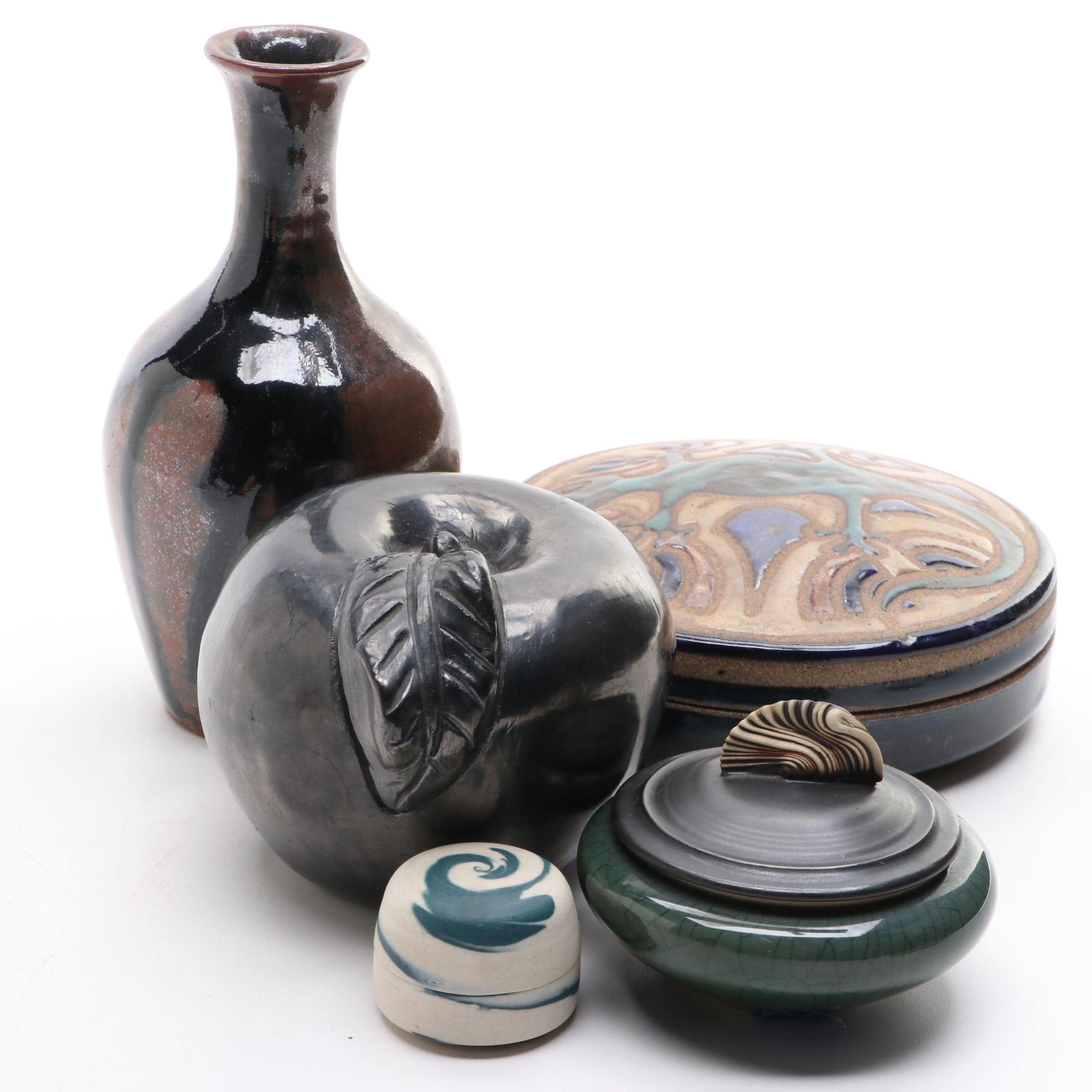 Signed Art Pottery Vase, Boxes and Apple Figurine