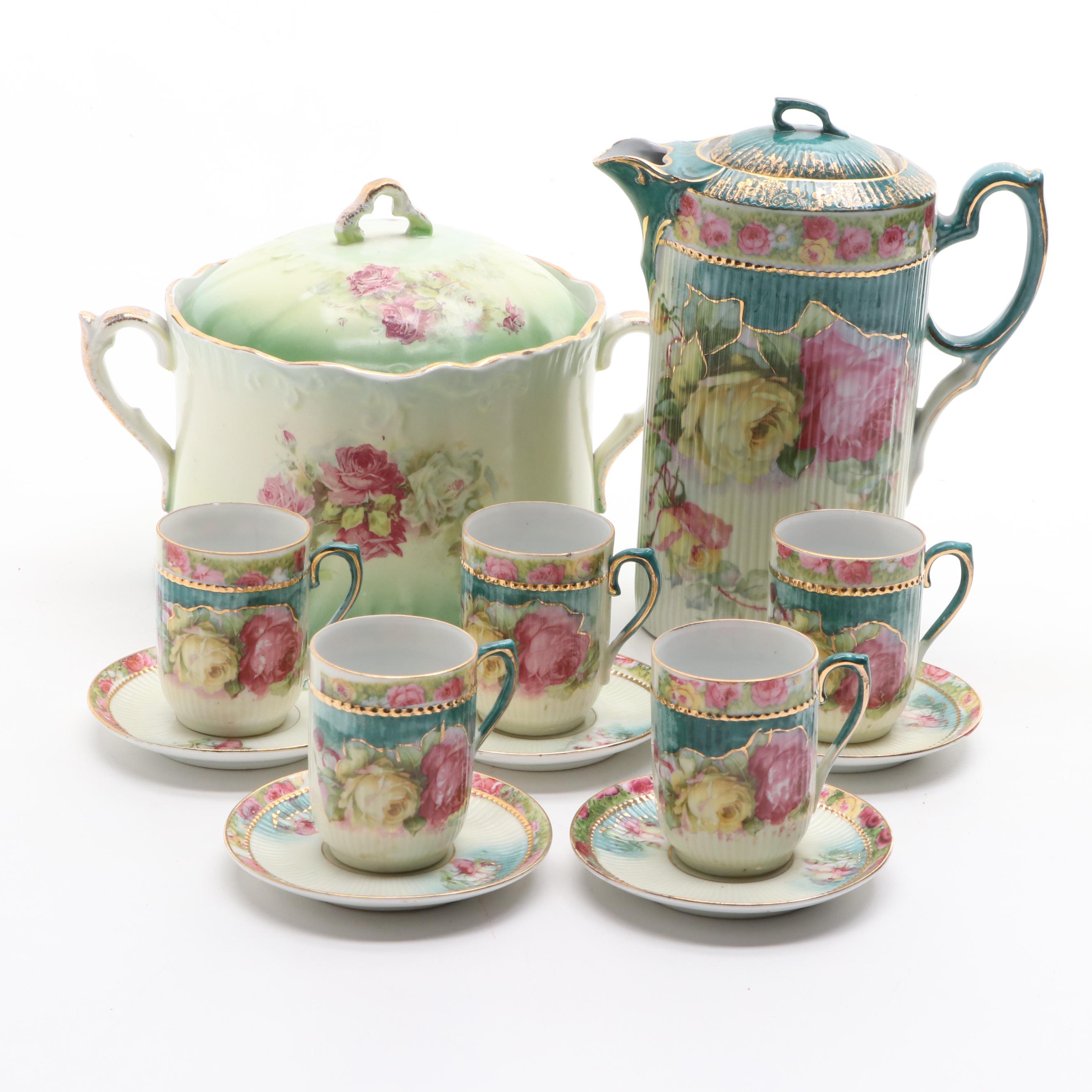 Victorian Style German Porcelain Hot Chocolate Set with Other Slop Jar