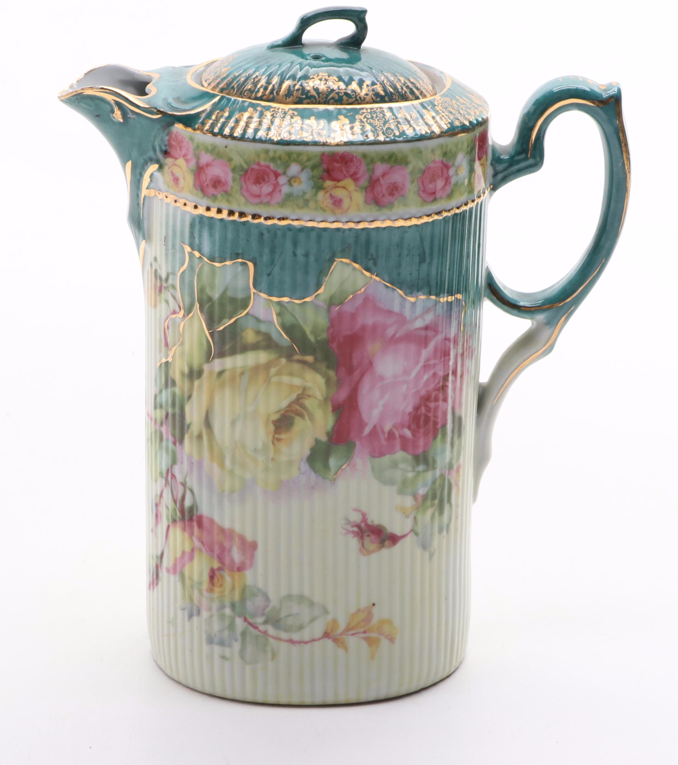 Victorian Style German Porcelain Hot Chocolate Set with Other Slop Jar