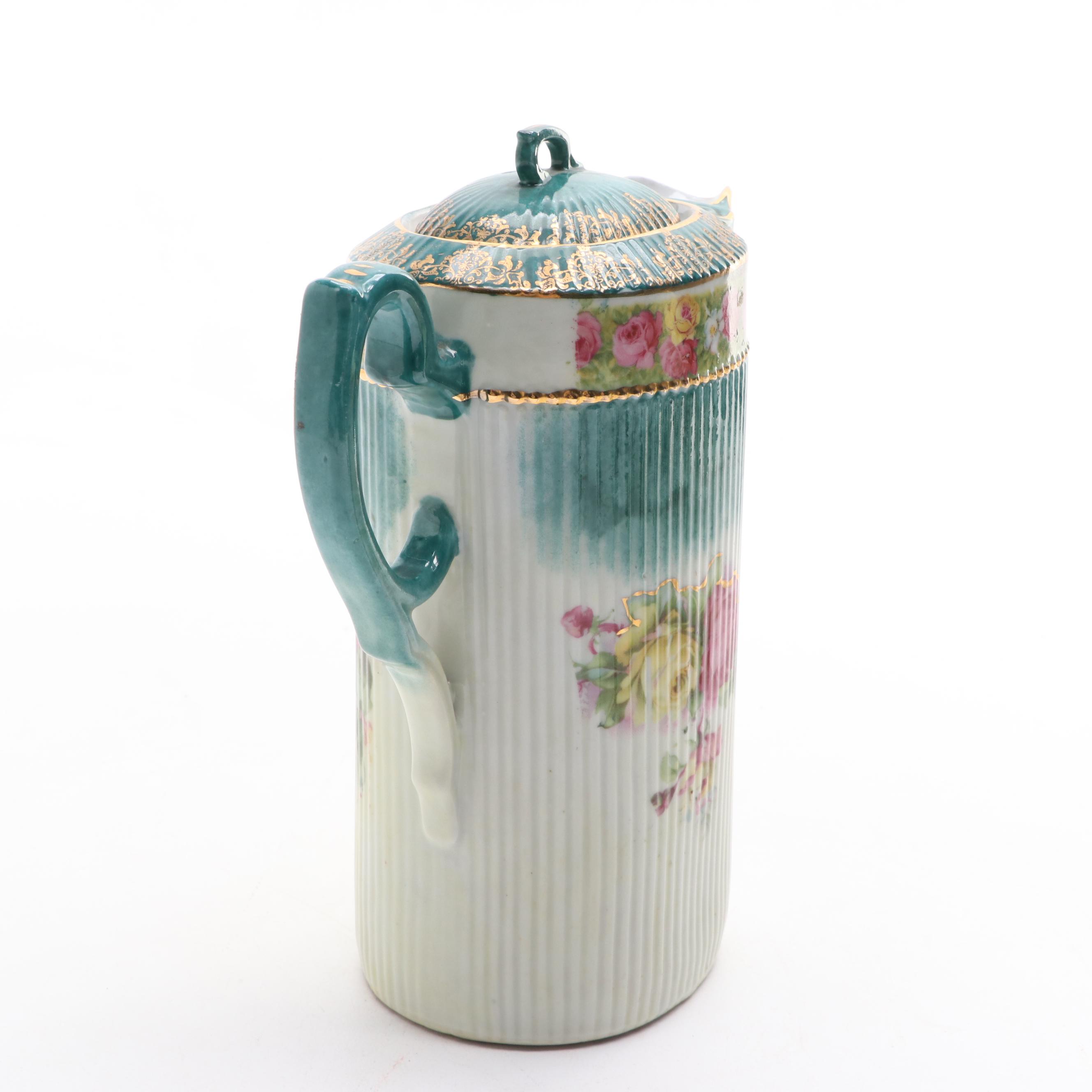 Victorian Style German Porcelain Hot Chocolate Set with Other Slop Jar