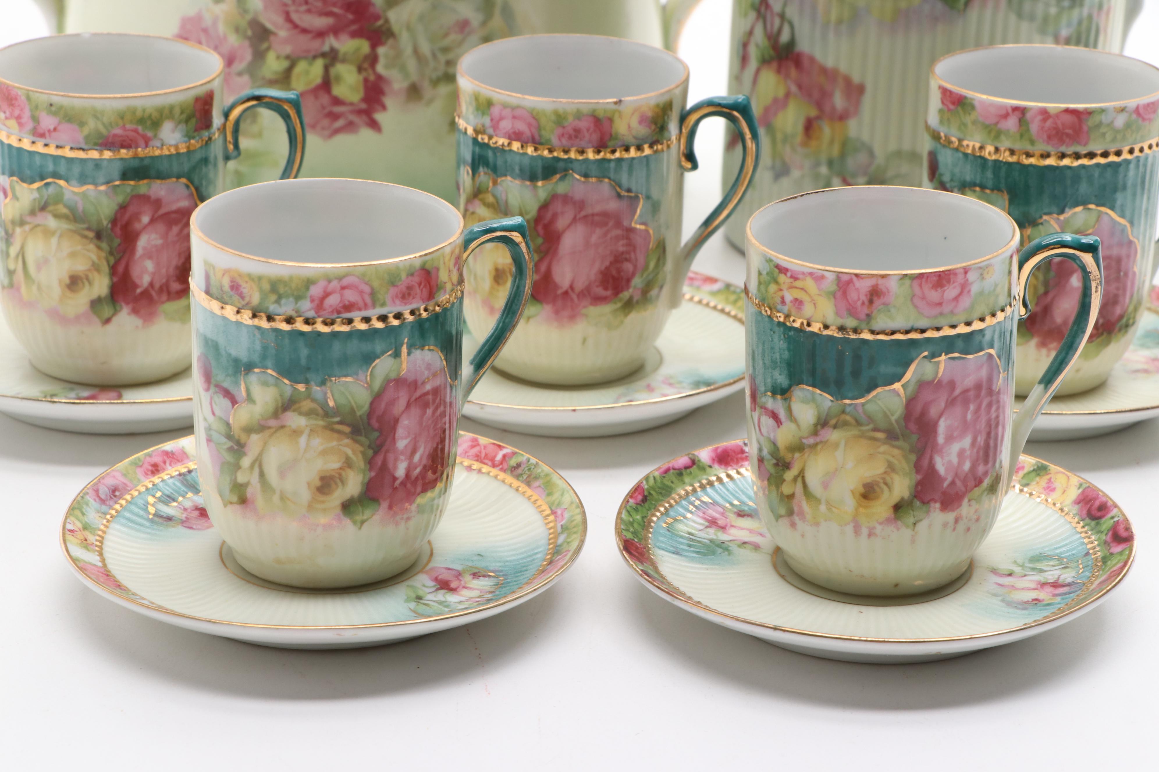 Victorian Style German Porcelain Hot Chocolate Set with Other Slop Jar