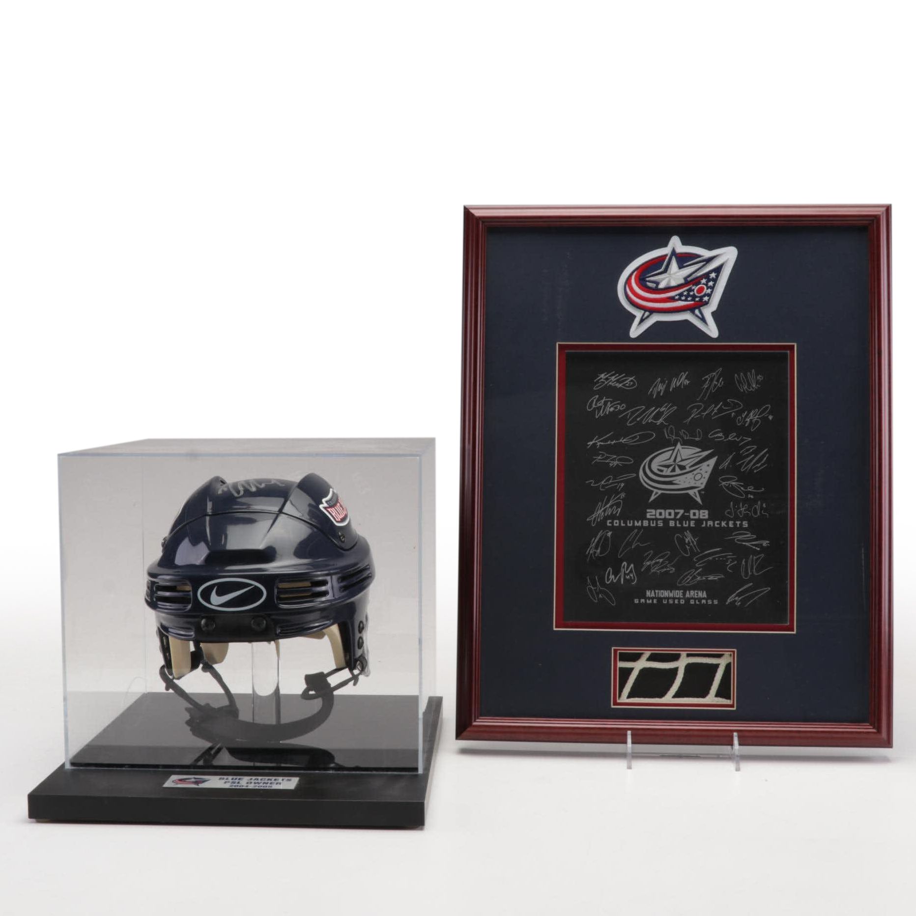 Columbus Blue Jackets Signed Helmet and Team Signed Framed Poster
