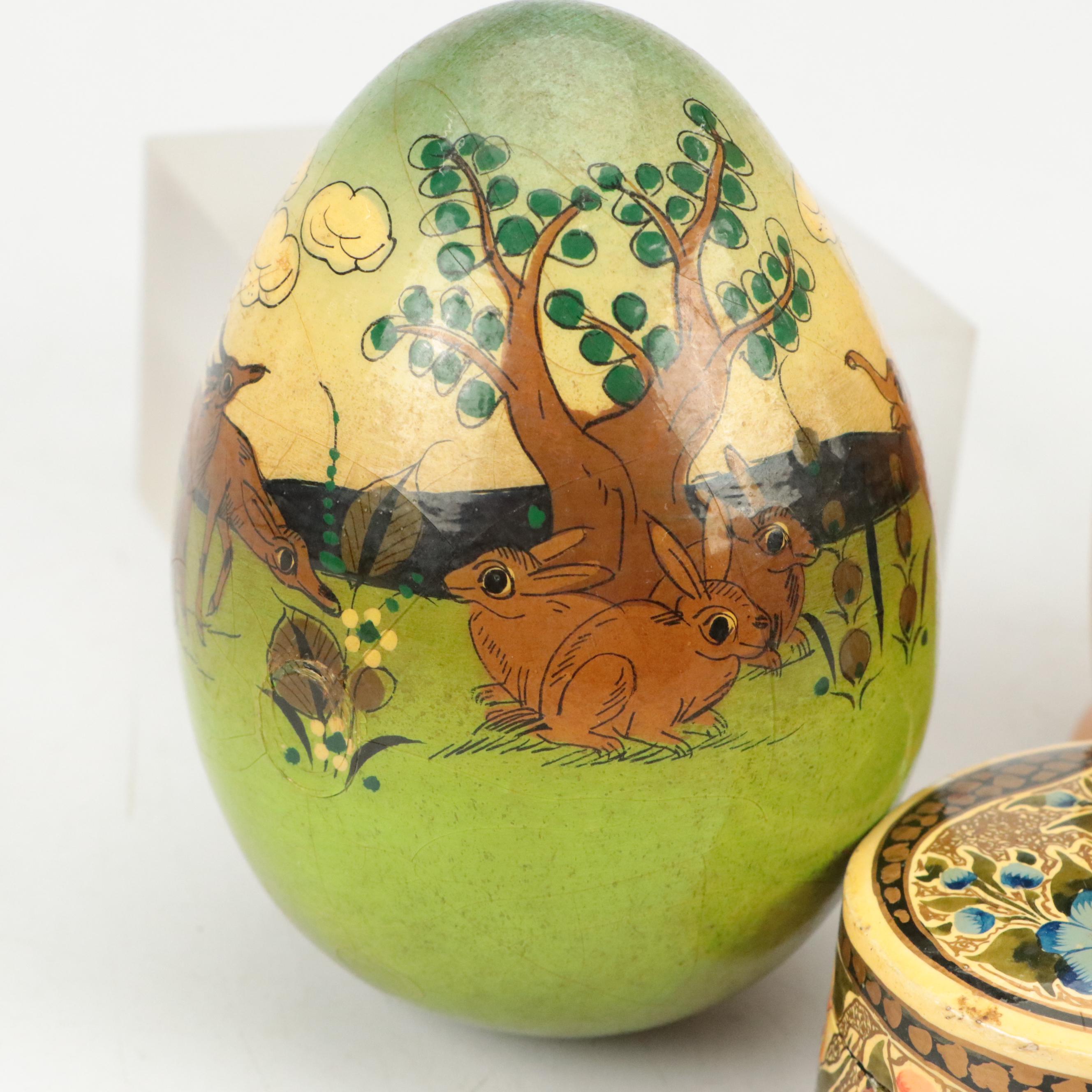 Hand-Painted Nesting Dolls with Lacquered Box and Pin, Mid to Late 20th Century