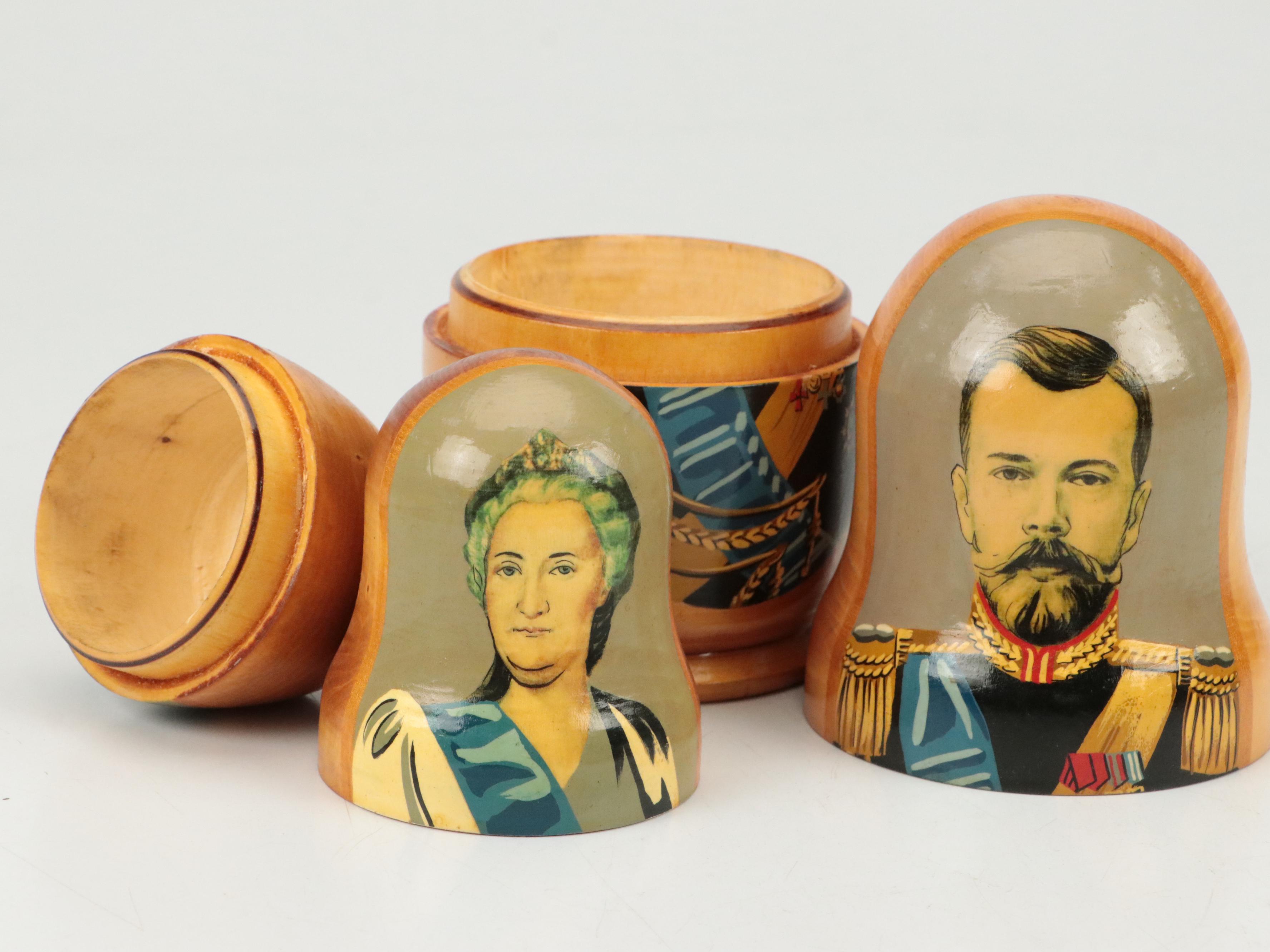 Hand-Painted Nesting Dolls with Lacquered Box and Pin, Mid to Late 20th Century