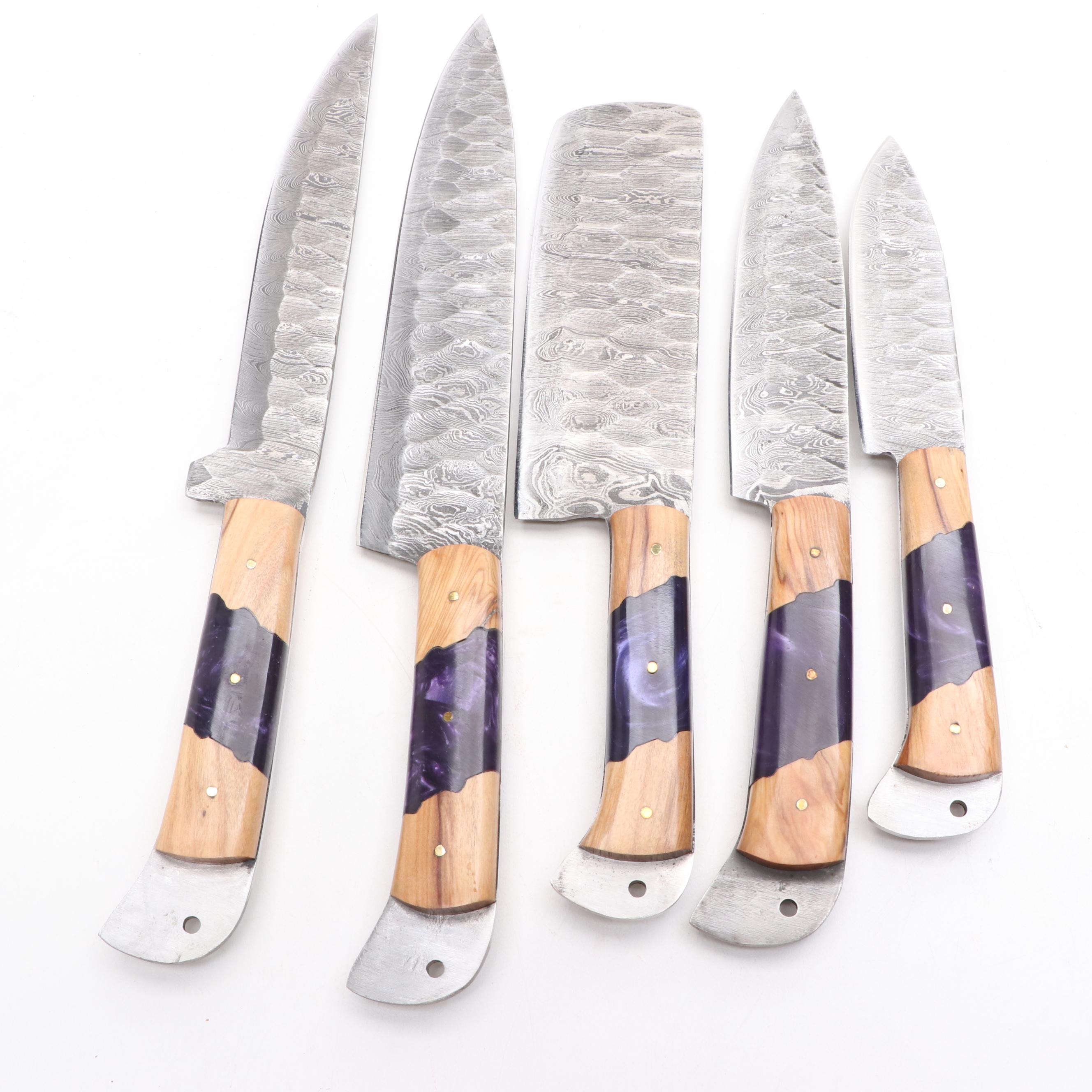 Damascus Steel Knife Set with Leather Knife Roll