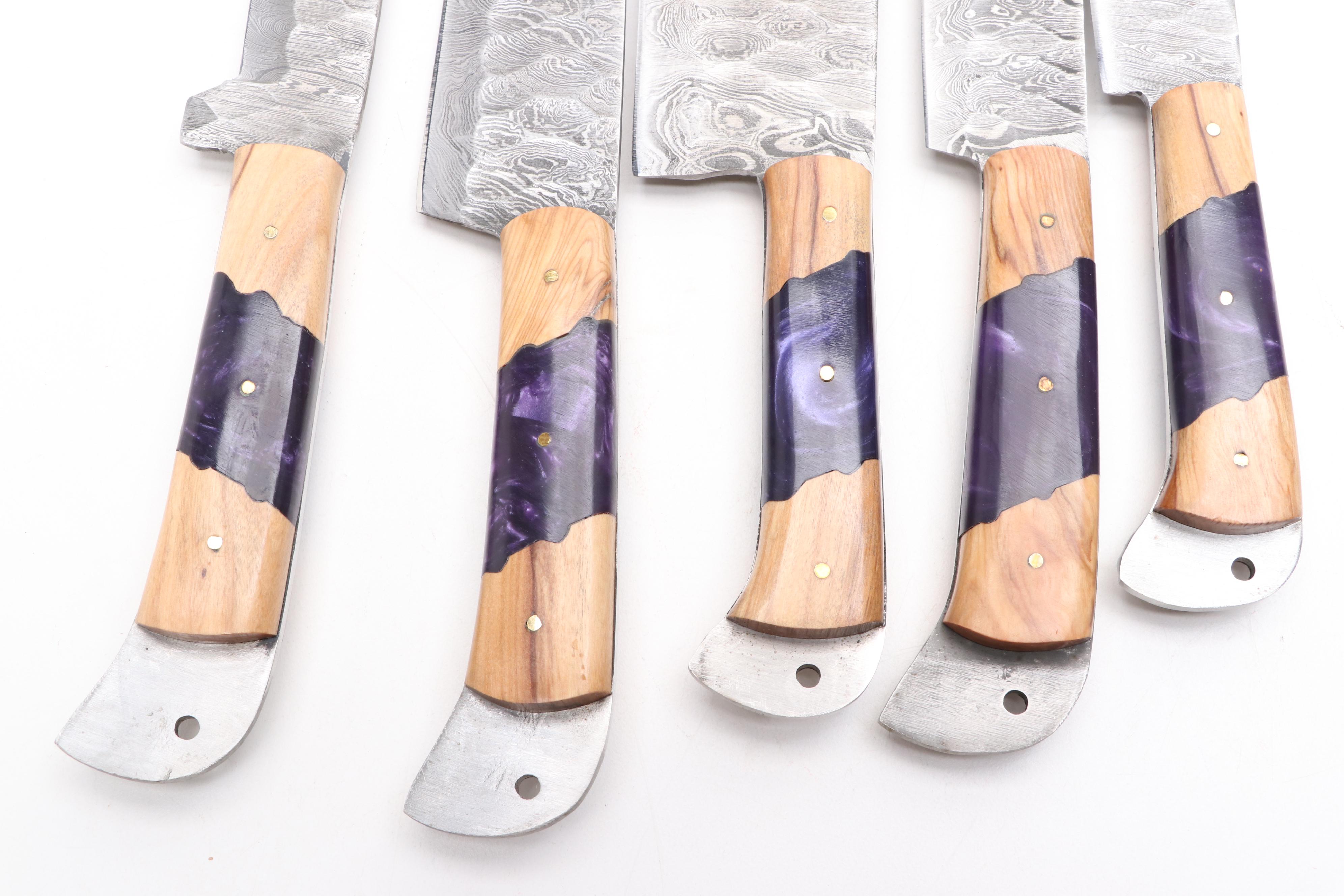 Damascus Steel Knife Set with Leather Knife Roll